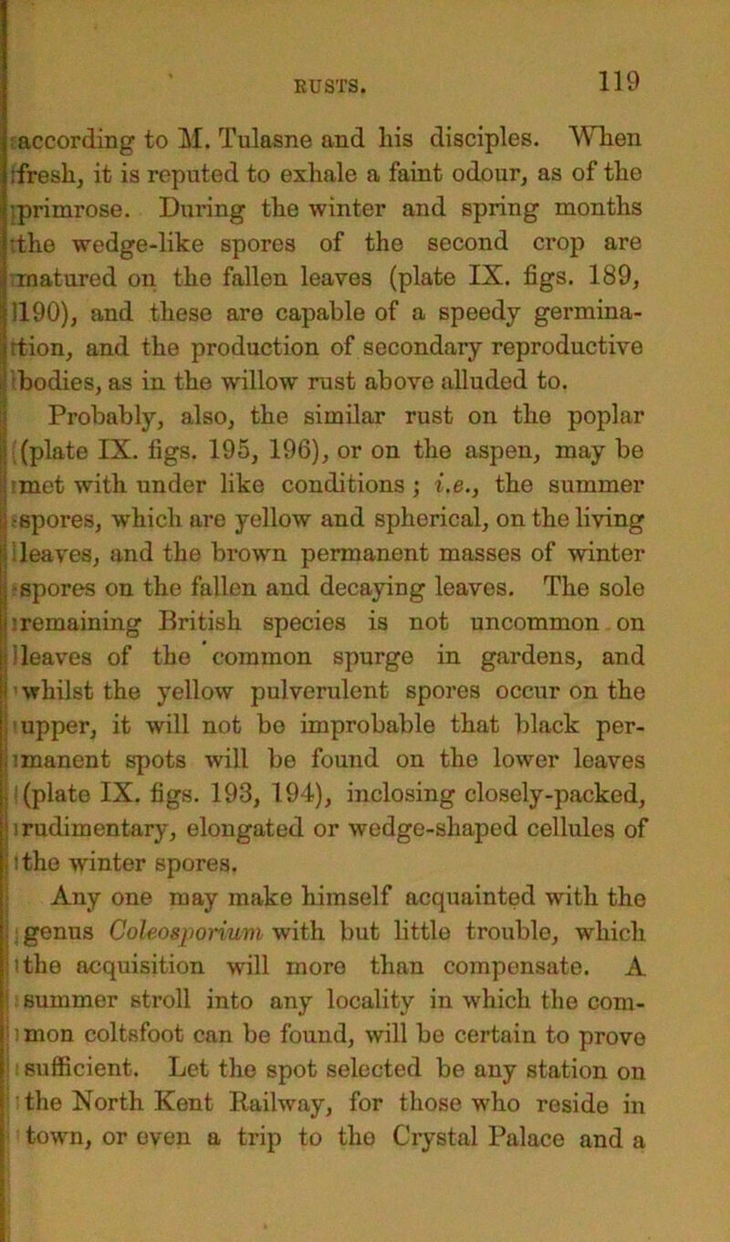 according to M. Tulasne and liis disciples. When : fresh, it is reputed to exhale a faint odour, as of the ■primrose. During the winter and spring months the wedge-like spores of the second crop are matured on the fallen leaves (plate IX. figs. 189, 1190), and these are capable of a speedy germina- rtion, and the production of secondary reproductive bodies, as in the willow rust above alluded to. Probably, also, the similar rust on the poplar I (plate IX. figs. 195, 196), or on the aspen, may be rmet with under like conditions ; i.e., the summer ! -spores, which are yellow and spherical, on the living ; leaves, and the brown permanent masses of winter |-spores on the fallen and decaying leaves. The sole lremaining British species is not uncommon on II leaves of the common spurge in gardens, and ! whilst the yellow pulverulent spores occur on the upper, it will not be improbable that black per- il manent spots will be found on the lower leaves : (plate IX. figs. 193, 194), inclosing closely-packed, j i rudimentary, elongated or wedge-shaped cellules of ithe Avinter spores. Any one may make himself acquainted with the i genus Coleosporium with but little trouble, which : The acquisition will more than compensate. A summer stroll into any locality in which the com- |) mon coltsfoot can be found, will be certain to prove ■i! sufficient. Let the spot selected be any station on the North Kent Railway, for those who reside in town, or even a trip to the Crystal Palace and a