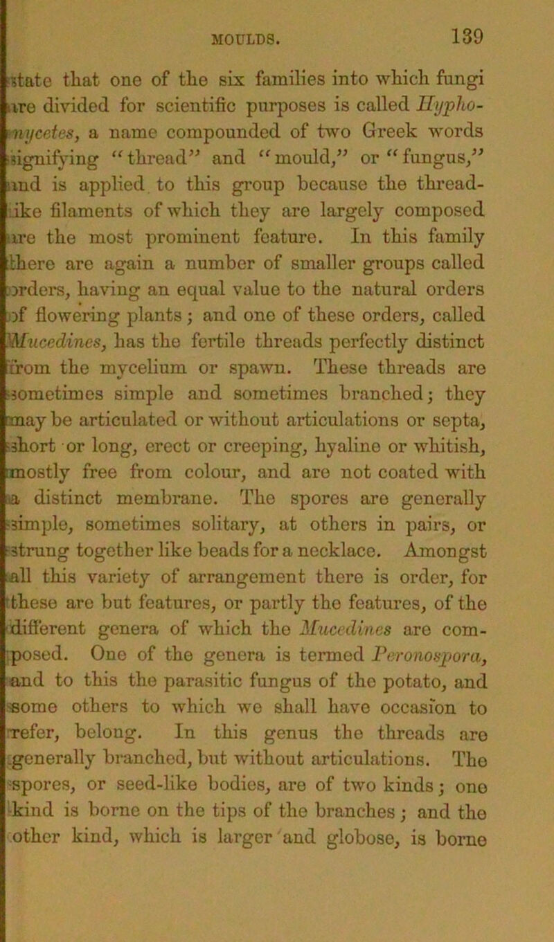 state tliat one of tlie six families into which fungi • ire divided for scientific purposes is called Hypho- nycetes, a name compounded of two Greek words signifying “thread” and “mould,” or “fungus,” and is applied to this group because the thread- ike filaments of which they are largely composed are the most prominent feature. In this family there are again a number of smaller groups called orders, having an ecpial value to the natural orders of flowering plants; and one of these orders, called Mucedincs, has the fertile threads perfectly distinct from the mycelium or spawn. These threads are sometimes simple and sometimes branched; they may be articulated or without articulations or septa, ohort or long, erect or creeping, hyaline or whitish, mostly free from colour, and are not coated with ia distinct membrane. The spores are generally simple, sometimes solitary, at others in pairs, or strung together like beads for a necklace. Amongst all this variety of arrangement there is order, for 'these are but features, or partly the features, of the different genera of which the Mucedincs are com- posed. One of the genera is termed Peronospora, and to this the parasitic fungus of the potato, and -some others to which we shall have occasion to Tefer, belong. In this genus the threads are .generally branched, but without articulations. The -spores, or seed-like bodies, are of two kinds; one kind is borne on the tips of the branches ; and the other kind, which is larger and globose, is borne