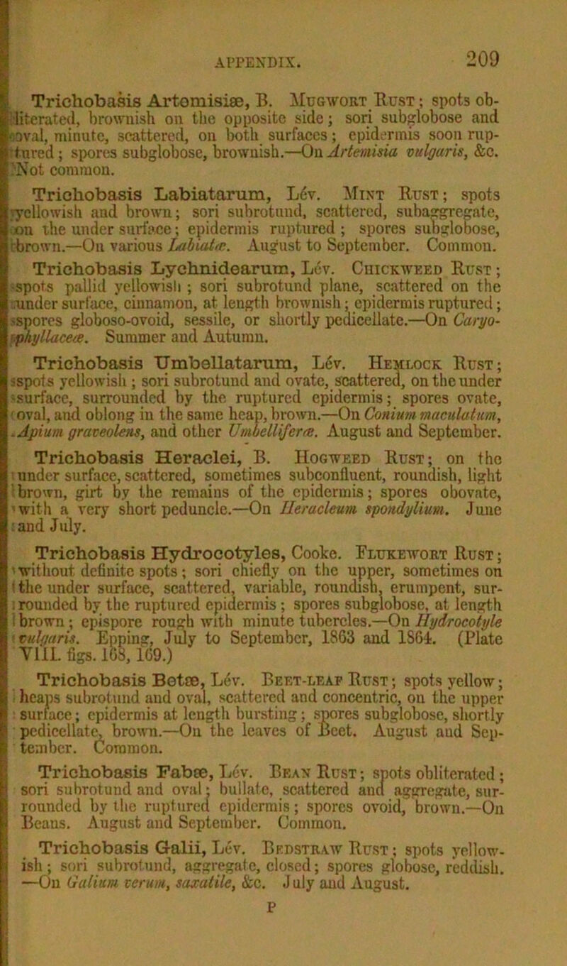 Trichobasis Artomisise, B. MugwortRust; spots ob- literated, brownish on the opposite side; son subglobose and jooval, minute, scattered, on both surfaces; epidermis soon rup- tured; spores subglobose, brownish.—On Artemisia vulgaris, &c. Not common. Trichobasis Labiatarum, Ldv. Mint Rust; spots 'yellowish and brown; sori subrotund, scattered, subaggregate, on the under surface; epidermis ruptured ; spores subglobose, ■brown.—On various Labiatm. August to September. Common. Trichobasis Lychnidearum, Lev. Cuickweed Rust ; •spots pallid yellowish ; sori subrotund plane, scattered on the under surface, cinnamon, at length brownish; epidermis ruptured; •spores globoso-ovoid, sessile, or shortly pedicellate.—On Caryo- pkyllacea. Summer and Autumn. Trichobasis Umbellatanim, Lev. Hemlock Rust; •spots yellowish ; sori subrotund and ovate, scattered, on the under ^surface, surrounded by the ruptured epidermis; spores ovate, oval, and oblong in the same heap, brown.—On Conium macula turn, .Apium graveolens, and other Umbellifera. August and September. Trichobasis Heraelei, B. Hogweed Rust; on the under surface, scattered, sometimes subconfluent, roundish, light brown, girt by the remains of the epidermis; spores obovate, ■with a very short peduncle.—On lleracleum spondylium. June :and July. Trichobasis Hydrocotyles, Cooke. Flukewort Rust ; without definite spots; sori chiefly on the upper, sometimes on ’ the under surface, scattered, variable, roundish, erumpent, sur- rounded by the ruptured epidermis; spores subglobose, at length i brown; epispore rough with minute tubercles.—On Hydrocotyle vulgaris. Epping, July to September, 1863 and 1864. (Plate VI11. figs. 168,169.) Trichobasis Betse, Lev. Beet-leap Rust ; spots yellow; heaps subrotund and oval, scattered and concentric, on the upper surface; epidermis at length bursting; spores subglobose, shortly pedicellate, brown.—On the leaves of Beet. August and Sep- tember. Common. Trichobasis Fabse, Lev. Bean Rust ; snots obliterated ; sori subrotund and oval; bullate, scattered and aggregate, sur- rounded by the ruptured epidermis; spores ovoid, brown.—On Beans. August and September. Common. Trichobasis Galii, Lev. Bedstraw Rust ; spots yellow- ish ; sori subrotund, aggregate, closed; spores globose, reddish. —On Galium verum, saxatile, &c. J uly and August.