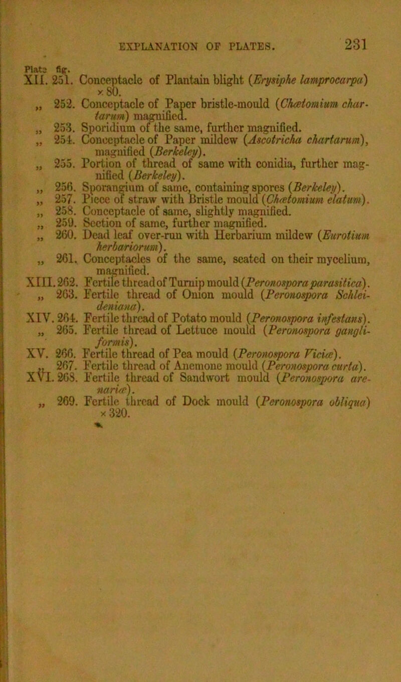 Plato fig1. XII. 251. Conceptacle of Plantain blight {Erysiphe lamprocarpa) xSO. „ 252. Conceptacle of Paper bristle-mould (Chretomium char- tarum) magnified. „ 253. Sporidium of the same, further magnified. „ 254. Conceptacle of Paper mildew {Ascot richa chart arum), magnified {Berkeley). „ 255. Portion of thread of same with conidia, further mag- nified {Berkeley). „ 25fi. Sporangium of same, containing spores {Berkeley). „ 257. Piece of straw with Bristle mould {Chatomium elatum). „ 258. Conceptacle of same, slightly magnified. „ 259. Section of same, further magnified. „ 260. Dead leaf over-run with Herbarium mildew {Eurotium herbariorum). „ 261. Conceptacles of the same, seated on their mycelium, magnified. XIH.262. Fertile thread of Turnip mould {Peronospora parasitica). „ 263. Fertile thread of Onion mould {Peronospora Schlei- deniaua). iXIY. 264. Fertile thread of Potato mould {Peronospora infestans). „ 265. Fertile thread of Lettuce mould {Peronospora gangli- for mis). XV. 266. Fertile thread of Pea mould {Peronospora Piciee). ,, 267. Fertile thread of Anemone mould {Peronospora curia). XVI. 268. Fertile thread of Sandwort mould {Peronospora are- na rim). 269. Fertile thread of Dock mould {Peronospora obliqua) x 320.