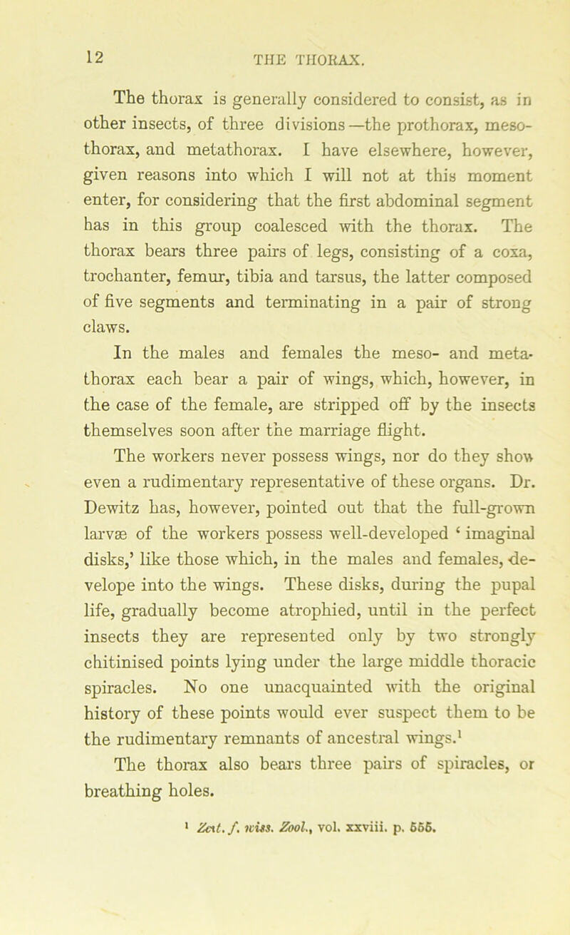 THE THORAX. The thorax is generally considered to consist, as in other insects, of three divisions—the prothorax, meso- thorax, and metathorax. I have elsewhere, however, given reasons into which I will not at this moment enter, for considering that the first abdominal segment has in this group coalesced with the thorax. The thorax bears three pairs of legs, consisting of a coxa, trochanter, femur, tibia and tarsus, the latter composed of five segments and terminating in a pair of strong claws. In the males and females the meso- and meta- thorax each bear a pair of wings, which, however, in the case of the female, are stripped off by the insects themselves soon after the marriage flight. The workers never possess wings, nor do they show even a rudimentary representative of these organs. Dr. Dewitz has, however, pointed out that the full-grown larvae of the workers possess well-developed ‘ imaginal disks,’ like those which, in the males and females, -de- velope into the wings. These disks, during the pupal life, gradually become atrophied, until in the perfect insects they are represented only by two strongly chitinised points lying under the large middle thoracic spiracles. No one unacquainted with the original history of these points would ever suspect them to be the rudimentary remnants of ancestral wings.1 The thorax also bears three pairs of spiracles, or breathing holes.