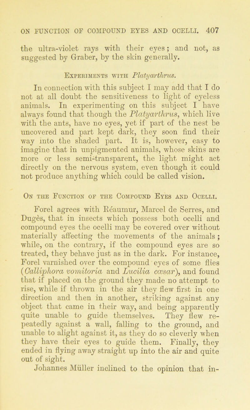 the ultra-violet rays with their eyes; and not, as suggested by Cfraber, by the skin generally. Experiments with Platyarthrus. In connection with this subject I may add that I do not at all doubt the sensitiveness to light of eyeless animals. In experimenting on this subject I have always found that though the Platyarthrus, which live with the ants, have no eyes, yet if part of the nest be uncovered and part kept dark, they soon find their way into the shaded part. It is, however, easy to imagine that in unpigmented animals, whose skins are more or less semi-transparent, the light might act directly on the nervous system, even though it could not produce anything which could be called vision. On the Function of the Compound Eyes and Ocelli. Forel agrees with Reaumur, Marcel de Serres, and Duges, that in insects which possess both ocelli and compound eyes the ocelli may be covered over without materially affecting the movements of the animals ; while, on the contrary, if the compound eyes are so treated, they behave just as in the dark. For instance, Forel varnished over the compound eyes of some flies (Gallvphora vomitoria and Lucilia ccesar), and found that if placed on the ground they made no attempt to rise, while if thrown in the air they flew first in one direction and then in another, striking against any object that came in their way, and being apparently quite unable to guide themselves. They flew re- peatedly against a wall, falling to the ground, and unable to alight against it, as they do so cleverly when they have their eyes to guide them. Finally, they ended in flying away straight up into the air and quite out of sight. Johannes Muller inclined to the opinion that in-