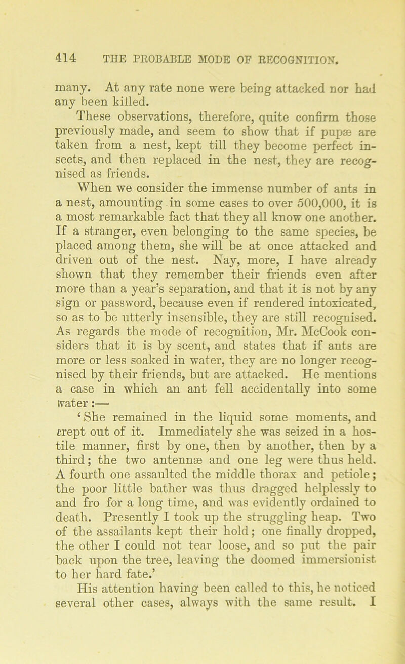 many. At any rate none were being attacked nor had any been killed. These observations, therefore, quite confirm those previously made, and seem to show that if pupae are taken from a nest, kept till they become perfect in- sects, and then replaced in the nest, they are recog- nised as friends. When we consider the immense number of ants in a nest, amounting in some cases to over 500,000, it is a most remarkable fact that they all know one another. If a stranger, even belonging to the same species, be placed among them, she will be at once attacked and driven out of the nest. Nay, more, I have already shown that they remember their friends even after more than a year’s separation, and that it is not by any sign or password, because even if rendered intoxicated, so as to be utterly insensible, they are still recognised. As regards the mode of recognition, Mr. McCook con- siders that it is by scent, and states that if ants are more or less soaked in water, they are no longer recog- nised by their friends, but are attacked. He mentions a case in which an ant fell accidentally into some tvater:— ‘ She remained in the liquid some moments, and crept out of it. Immediately she was seized in a hos- tile manner, first by one, then by another, then by a third; the two antennae and one leg were thus held, A fourth one assaulted the middle thorax and petiole; the poor little bather was thus dragged helplessly to and fro for a long time, and was evidently ordained to death. Presently I took up the struggling heap. Two of the assailants kept their hold; one finally dropped, the other I could not tear loose, and so put the pair back upon the tree, leaving the doomed immersionist to her hard fate.’ His attention having been called to this, he noticed several other cases, always with the same result. I