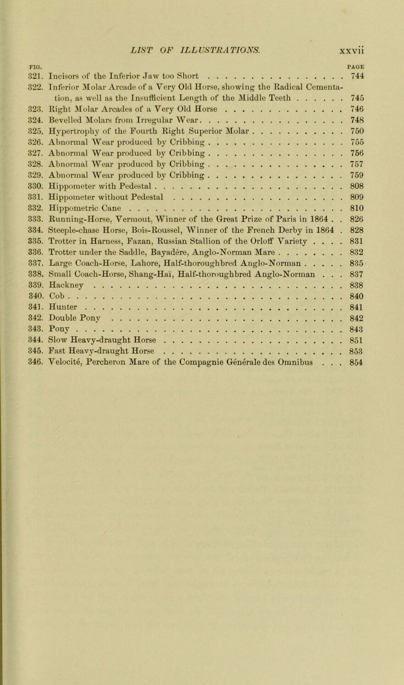 FIG. PAGE 321. Incisors of the Inferior Jaw too Short 744 322. Inferior Molar Arcade of a Very Old Horse, showing the Radical Cementa- tion, as well as the Insufficient Length of the Middle Teeth 745 323. Right Molar Arcades of a Very Old Horse 746 324. Bevelled Molars from Irregular Wear 748 325. Hypertrophy of the Fourth Right Superior Molar 750 326. Abnormal Wear produced by Cribbing 755 327. Abnormal Wear produced by Cribbing 756 328. Abnormal Wear produced by Cribbing 757 329. Abnormal Wear produced by Cribbing 759 330. Hippometer with Pedestal 808 331. Hippometer without Pedestal 809 332. Hippometric Cane 810 333. Running-Horse, Vermout, Winner of the Great Prize of Paris in 1864 . . 826 334. Steeple-chase Horse, Bois-Roussel, Winner of the French Derby in 1864 . 828 335. Trotter in Harness, Fazan, Russian Stallion of the Orlotf Variety .... 831 336. Trotter under the Saddle, Bayadère, Anglo-Norman Mare 832 337. Large Coach-Horse, Lahore, Half-thorouglibred Anglo-Norman 835 338. Small Coach-Horse, Shang-Haï, Half-thoroughbred Anglo-Norman . . . 837 339. Hackney 838 340. Cob 840 341. Hunter 841 342. Double Pony 842 343. Pony 843 344. Slow Heavj^-draught Horse 851 345. Fast Heavy-draught Horse 853 346. Vélocité, Percheron Mare of the Compagnie Générale des Omnibus . . . 854