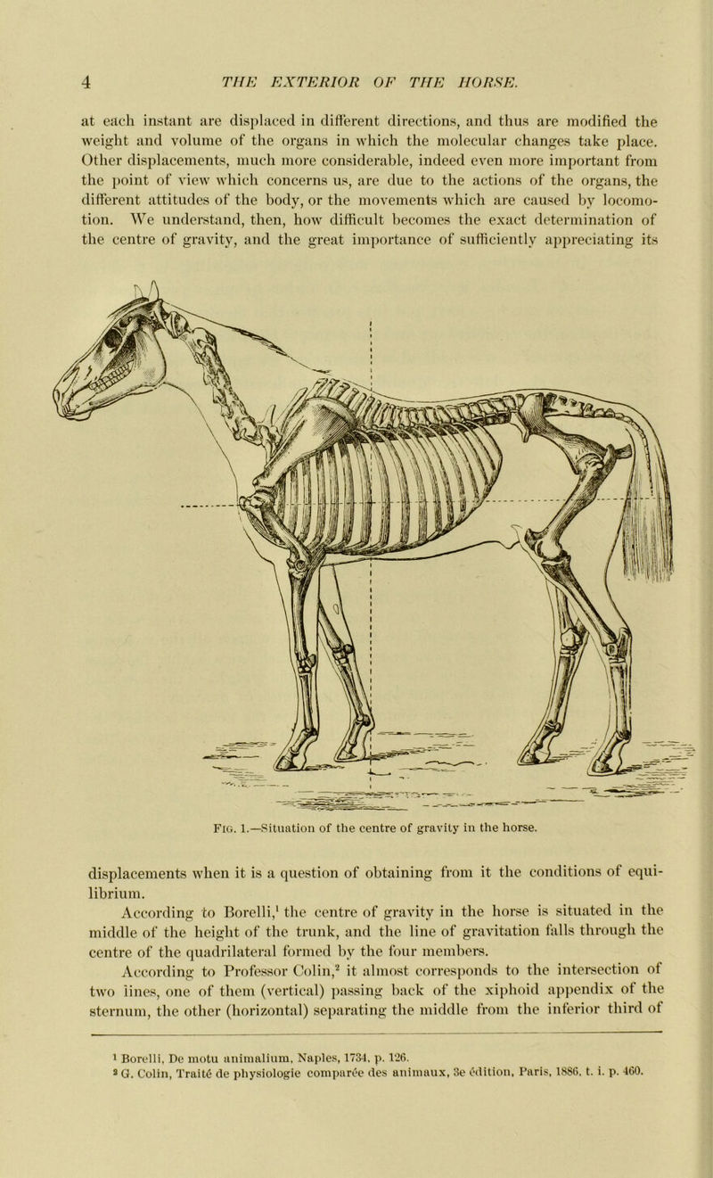 at each instant are displaced in different directions, and thus are modified the weiglit and volume of the organs in which the molecular changes take place. Other displacements, much more considérable, indeed even more important froni the point of view which concerns us, are due to the actions of the organs, the different attitudes of the body, or the movements which are caused by locomo- tion. We understand, then, how difficult becomes the exact détermination of the centre of gravity, and the great importance of sufficientlv appreciating its Fig. 1.—Situation of the centre of gravity in the horse. displacements when it is a question of obtaining from it the conditions of equi- librium. According to Borelli,1 the centre of gravity in the horse is situated in the middle of the heiglit of the trunk, and the line of gravitation falls through the centre of the quadrilatéral formed by the four members. According to Professor Colin,2 it almost corresponds to the intersection ot two iines, one of them (vertical) passing back of the xiphoid appendix of the sternum, the other (horizontal) separating the middle from the inferior third ot 1 Borelli, De motu animalium, Naples, 1734, p. 126. 2 G. Colin, Traité de physiologie comparée des animaux, 3e édition, Paris, 1886, t. i. p. 460.