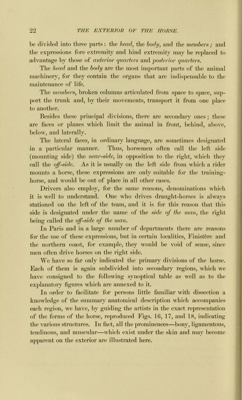 99 «■J THE EXTE RIO R OF THE HORSE. bc divided into tliree parts : the hectd, the body, and tlie members ; and the expressions fore extremity and hind extremity may be replaced to advantage by those of anterior quarter.s and posterior quarters. The head and the body are the most important parts of the animal machinery, for they contain the organs tliat are indispensable to the maintenance of life. The members, broken columns articulated from space to space, sup- port the trunk and, by their movements, transport it from one j)laee to another. Besides these principal divisions, there are secondary ones ; these are faces or planes which limit the animal in front, behind, above, below, and latéral lv. 7 J The latéral faces, in ordinary language, are sometimes designated in a particular manner. Thus, horsemen often call the left side (mounting side) the near-side, in opposition to the right, which they call the off-side. As it is usually on the left side from which a rider mounts a liorse, these expressions are only suitable for the training- horse, and would be out of place in ail other cases. Drivers also employ, for the sanie reasons, dénominations which it is well to understand. One who drives draught-horses is always stationed on the left of the team, and it is for this reason tliat this side is designated under the naine of the side of the man, the right being called the off-side of the man. In Paris and in a large number of departments there are reasons for the use of these expressions, but in certain localities, Finistère and the northern coast, for example, they would be void of sense, since men often drive horses on the right side. We hâve so far only indicated the primary divisions of the horse. Each of them is again subdivided into secondary régions, which we hâve consigned to the following synoptical table as well as to the explanatory figures which are annexed to it. In order to facilitate for persons little familial’ witli dissection a knowledge of the summary anatomical description which accompanies each région, we hâve, by guiding the artists in tlie exact représentation of tlie forms of the horse, reproduced Figs. 16, 17, and 18, indieating the varions structures. In fact, ail the prominences—bony, ligamentous, tendinous, and muscular—which exist under the skin and may become apparent on the exterior are illustrated liere.