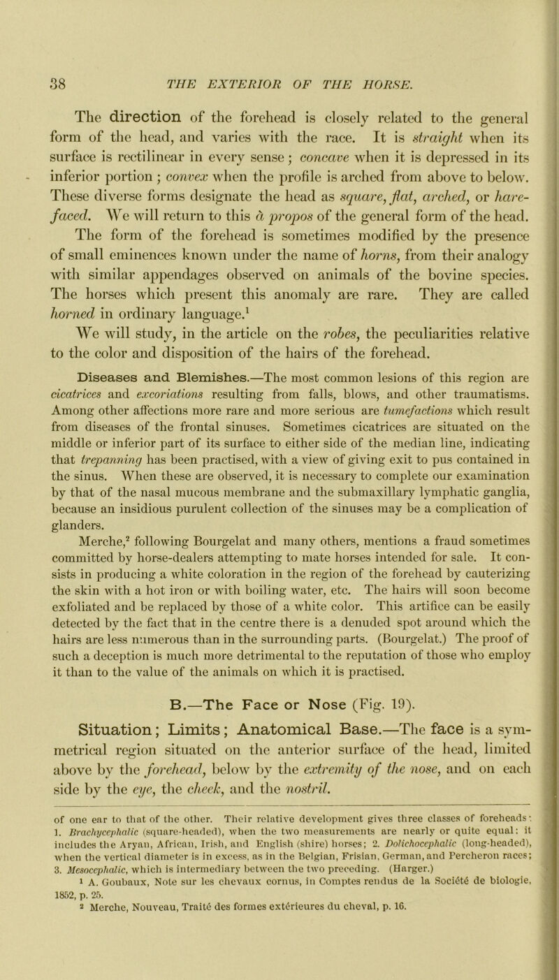 The direction of the forehead is closely related to the general form of the head, and varies with the race. It is straight when its surface is rectilinear in every sense ; concave when it is depressed in its inferior portion ; convex when the profile is archcd from above to below. These diverse forms designate the head as square, flat, arched, or hare- faced. We will return to this à 'propos of the general form of the head. The form of the forehead is sometimes modified by the presence of small eminences known under the name of horns, from their analogy with similar appendages observed on animais of the bovine species. The horses which présent this anomaly are rare. They are called horned in ordinary language.1 We will study, in the article on the robes, the peculiarities relative to the color and disposition of the hairs of the forehead. Diseases and Blemish.es.—The most common lésions of this région are cicatrices and excoriations resulting from falls, blows, and other traumatisms. Among other affections more rare and more serious are tuméfactions which result from diseases of the frontal sinuses. Sometimes cicatrices are situated on the middle or inferior part of its surface to either side of the médian line, indicating that trepanning has been practised, with a view of giving exit to pus contained in the sinus. When these are observed, it is necessary to complété our examination by that of the nasal mucous membrane and the submaxillary lymphatic ganglia, because an insidious purulent collection of the sinuses may be a complication of glanders. Merche,2 following Bourgelat and many others, mentions a fraud sometimes committed by horse-dealers attempting to mate horses intended for sale. It con- sists in producing a white coloration in the région of the forehead by cauterizing the skin with a hot iron or with boiling water, etc. The hairs will soon become exfoliated and be replaced by those of a white color. This artifice can be easily detected by the fact that in the centre there is a denuded spot around which the hairs are less numerous than in the surrounding parts. (Bourgelat.) The proof of such a déception is much more detrimental to the réputation of those who employ it than to the value of the animais on which it is practised. B.—The Face or Nose (Fig. 19). Situation ; Limits ; Anatomical Base.—The face is a sym- metrical région situated on the anterior surface of the head, limited above by the forehead, below by the extremity of tlie nose, and on eacli side by the eye, the cheek, and the nostril. of one ear to that of the other. Their relative development gives three classes of foreheads. 1. Brachycephalic (square-headed), when the two measurements are nearly or quite equal: it includes the Aryan, African, Irish, and English (shire) horses; 2. Doliehocephalic (long-headed), when the vertical diametcr is in exeess, as in the Belgian, Frisian, German, and Percheron races; 3. Mesoccplmlic, which is intermediary between the two preceding. (Harger.) 1 A. Goubaux, Note sur les chevaux cornus, in Comptes rendus de la Société de biologie, 1852, p. 25. 2 Merche, Nouveau, Traité des formes extérieures du cheval, p. 16.