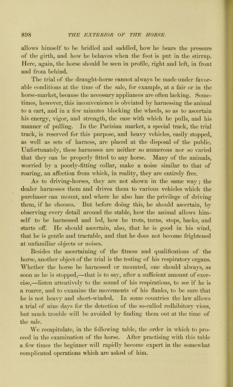 allows himself to be bridled and saddled, how lie bears the pressure of the girth, and how lie behaves when the foot is put in the stirrup. Here, again, the horse should be seen in profile, right and left, in front and from behind. The trial of the draught-horse cannot always be made under favor- able conditions at the time of the sale, for example, at a fair or in the horse-market, because the necessary appliances are often lacking. Some- times, however, this inconvenienee is obviated by karnessing the animal to a cart, and in a few minutes blocking the wlieels, so as to ascertain his energy, vigor, and strength, the ease with which lie pulls, and his manner of pulling. In the Parisian market, a spécial track, the trial track, is reserved for this purpose, and heavy vehicles, easily stopped, as well as sets of harness, are placed at the disposai of the publie. Unfortunatelv, these harnesses are neither so numerous nor so varied that they can be properly fitted to any horse. Many of the animais, worried by a poorly-fitting collar, make a noise similar to that of roaring, an affection from which, in reality, they are entirely free. As to driving-horses, they are not shown in the same way ; the dealer harnesses them and drives tlieni to varions vehicles which the purchaser can mount, and where lie also lias the privilège of driving them, if he chooses. But before doing this, lie should ascertain, by observing every detail around the stable, how the animal allows him- self to be harnessed and led, how he trots, turns, stops, backs, and starts off. He should ascertain, also, that he is good in his wind, that he is gentle and tractable, and that he does not become frigktened at unfamiliar objects or noises. Besides the ascertaining of the fitness and qualifications of the horse, another object of the trial is the testing of his respiratory organs. Whether the horse be harnessed or mounted, one should always, as soon as he is stopped,—that is to say, after a sufïicient amount of exer- cise,—listen attentively to the Sound of his respirations, to see if he is a roarer, and to examine the movements of his flanks, to be sure that he is not heavy and short-winded. In some countries the law allows a trial of ni ne days for the détection of the so-called redhibitorv vices, but much trouble will be avoided by finding them ont at the time of the Sale. We recapitulate, in the following table, the order in which to pro- ceed in the examination of the horse. After practising with this table a few times the beginner will rapidly become expert in the somewhat complicated operations which are asked of him.