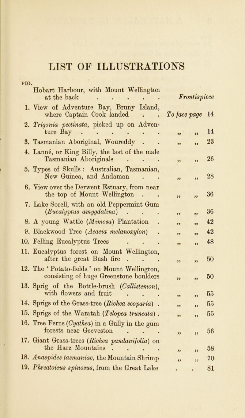 LIST OF ILLUSTRATIONS FIG. Hobart Harbour, with Mount Wellington at the back Frontispiece 1. View of Adventure Bay, Bruny Island, where Captain Cook landed . . To face page 2. Trigonia pectinata, picked up on Adven- ture Bay j> 3. Tasmanian Aboriginal, Woureddy . . „ 4. Lanne, or King Billy, the last of the male Tasmanian Aboriginals . . . „ „ 5. Types of Skulls : Australian, Tasmanian, New Guinea, and Andaman . . » 6. View over the Derwent Estuary, from near the top of Mount Wellington . . 7. Lake Sorell, with an old Peppermint Gum (Eucalyptus amygdalina) . . , „ „ 8. A young Wattle (Mimosa) Plantation . „ „ 9. Blackwood Tree (Acacia melanoxylon) . „ „ 10. Felling Eucalyptus Trees . . . „ „ 11. Eucalyptus forest on Mount Wellington, after the great Bush fire . . . „ „ 12. The ‘ Potato-fields ’ on Mount Wellington, consisting of huge Greenstone boulders „ „ 13. Sprig of the Bottle-brush (Callistemon), with flowers and fruit . . . „ „ 14. Sprigs of the Grass-tree (Richea scoparia) . „ „ 15. Sprigs of the Waratah (Telopea truncata) . „ „ 16. Tree Ferns (Cyathea) in a Gully in the gum forests near Geeveston . . . „ „ 17. Giant Grass-trees (Richea pandanifolia) on the Harz Mountains .... ,> „ 18. Anaspides tasmaniae, the Mountain Shrimp „ „ 19. Phreatoicus spinosus, from the Great Lake 14 14 23 26 28 36 36 42 42 48 50 50 55 55 55 56 58 70 81