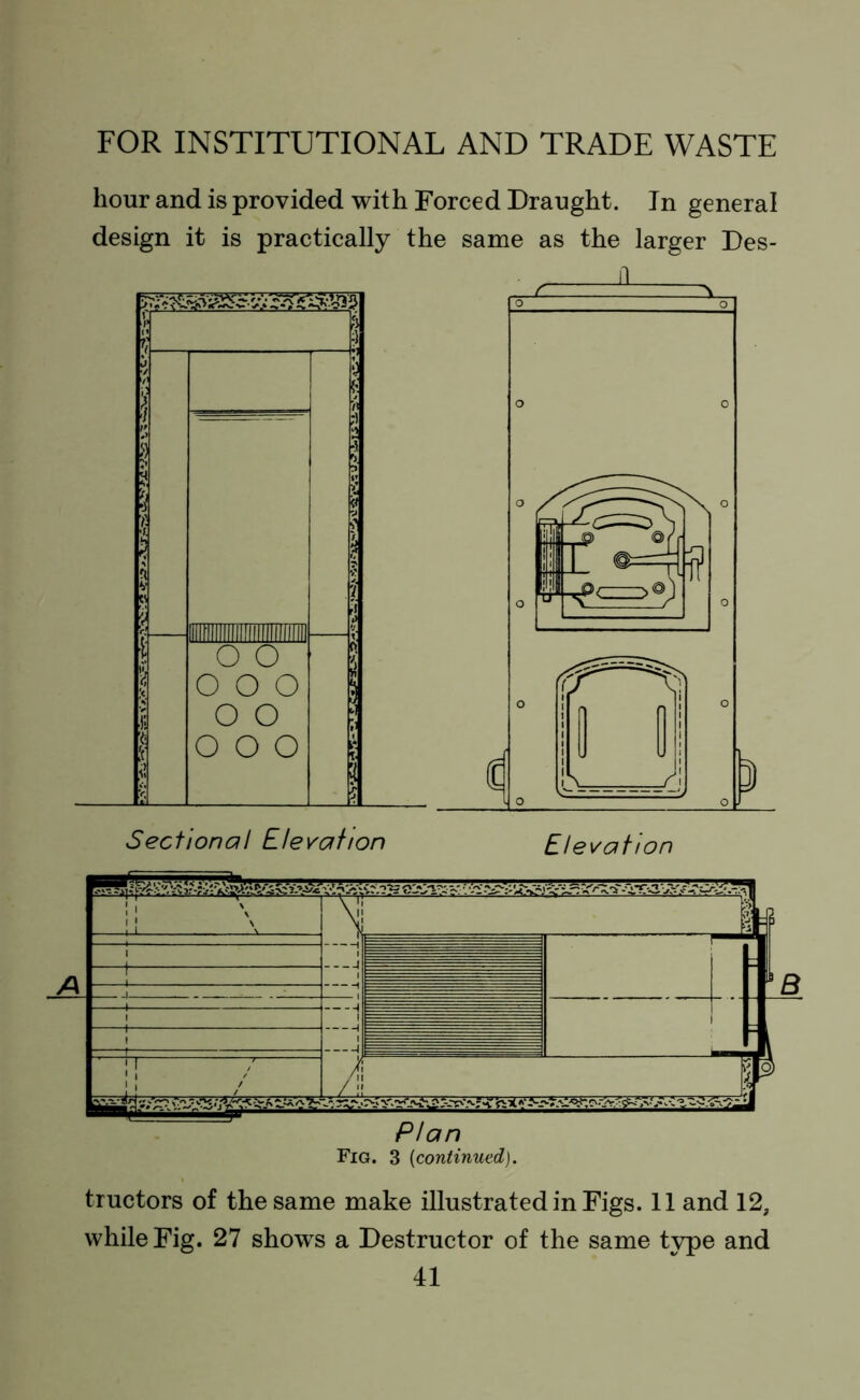 hour and is provided with Forced Draught. In general design it is practically the same as the larger Des- tructors of the same make illustrated in Figs. 11 and 12, while Fig. 27 shows a Destructor of the same type and