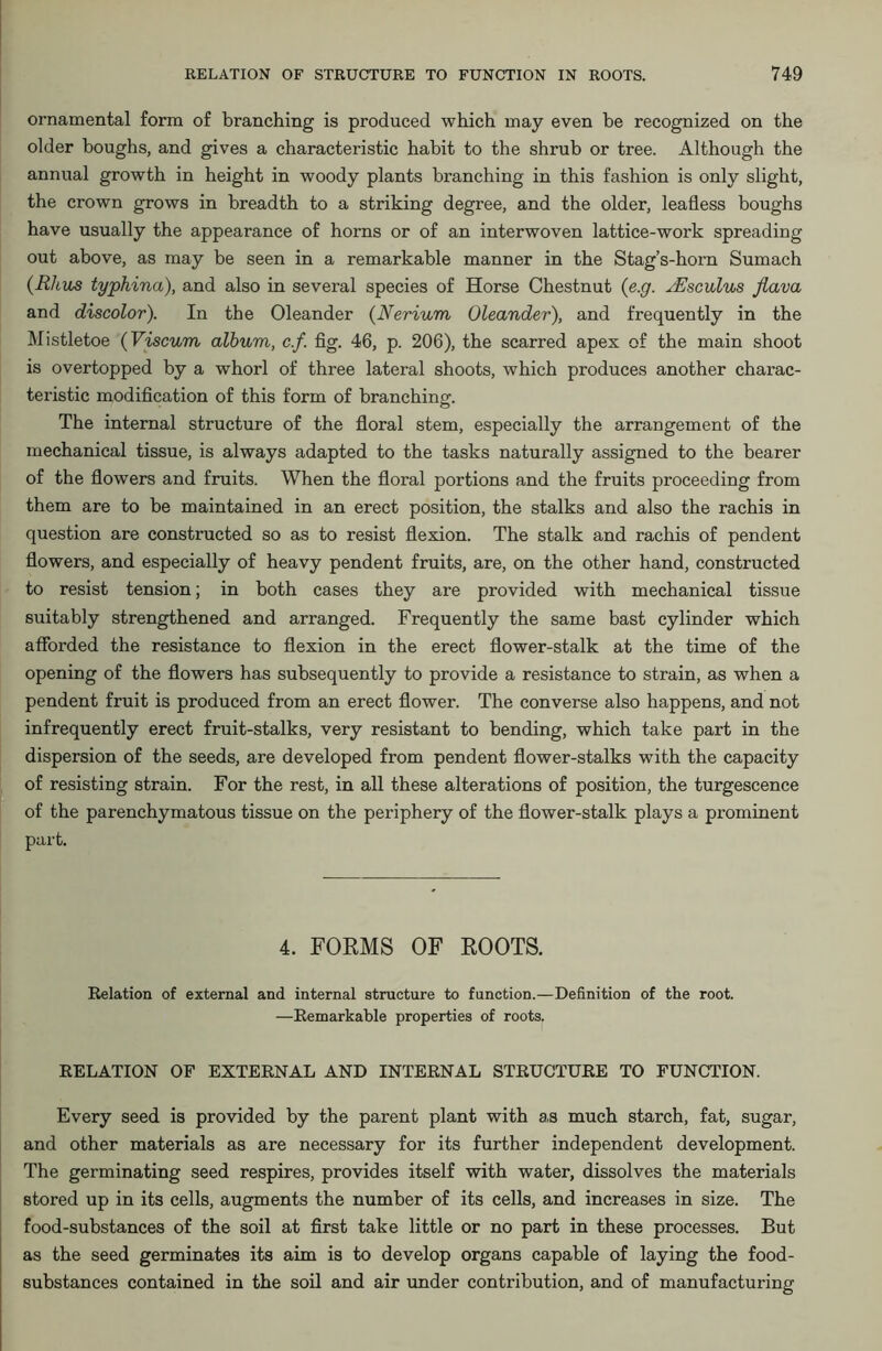 ornamental form of branching is produced which may even be recognized on the older boughs, and gives a characteristic habit to the shrub or tree. Although the annual growth in height in woody plants branching in this fashion is only slight, the crown grows in breadth to a striking degree, and the older, leafless boughs have usually the appearance of horns or of an interwoven lattice-work spreading out above, as may be seen in a remarkable manner in the Stag’s-horn Sumach (Rhus typhina), and also in several species of Horse Chestnut (e.g. /Esculus flava and discolor). In the Oleander (Nerium Oleander), and frequently in the Mistletoe (Viscum album, c.f. fig. 46, p. 206), the scarred apex of the main shoot is overtopped by a whorl of three lateral shoots, which produces another charac- teristic modification of this form of branching. The internal structure of the floral stem, especially the arrangement of the mechanical tissue, is always adapted to the tasks naturally assigned to the bearer of the flowers and fruits. When the floral portions and the fruits proceeding from them are to be maintained in an erect position, the stalks and also the rachis in question are constructed so as to resist flexion. The stalk and rachis of pendent flowers, and especially of heavy pendent fruits, are, on the other hand, constructed to resist tension; in both cases they are provided with mechanical tissue suitably strengthened and arranged. Frequently the same bast cylinder which afforded the resistance to flexion in the erect flower-stalk at the time of the opening of the flowers has subsequently to provide a resistance to strain, as when a pendent fruit is produced from an erect flower. The converse also happens, and not infrequently erect fruit-stalks, very resistant to bending, which take part in the dispersion of the seeds, are developed from pendent flower-stalks with the capacity of resisting strain. For the rest, in all these alterations of position, the turgescence of the parenchymatous tissue on the periphery of the flower-stalk plays a prominent part. 4. FORMS OF ROOTS. Relation of external and internal structure to function.—Definition of the root. —Remarkable properties of roots. RELATION OF EXTERNAL AND INTERNAL STRUCTURE TO FUNCTION. Every seed is provided by the parent plant with as much starch, fat, sugar, and other materials as are necessary for its further independent development. The germinating seed respires, provides itself with water, dissolves the materials stored up in its cells, augments the number of its cells, and increases in size. The food-substances of the soil at first take little or no part in these processes. But as the seed germinates its aim is to develop organs capable of laying the food- substances contained in the soil and air under contribution, and of manufacturing