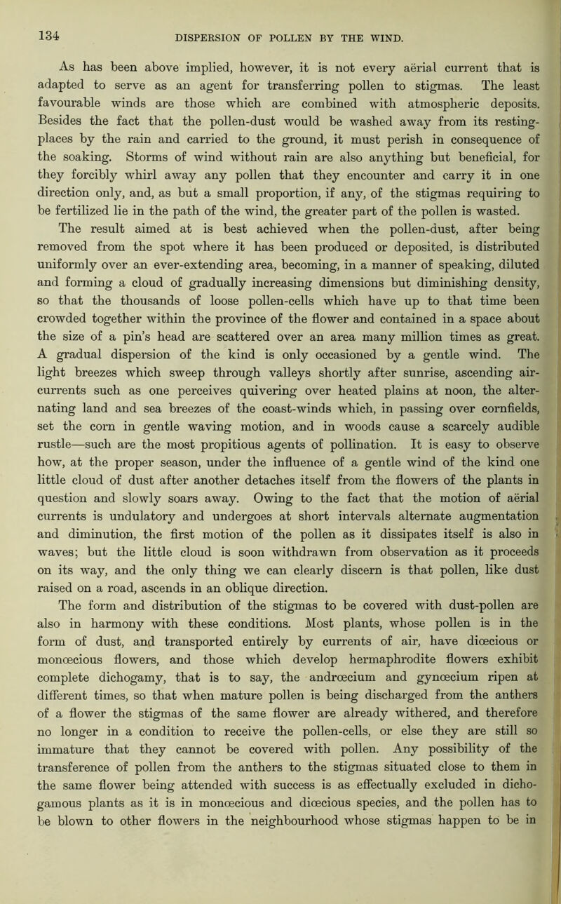 As has been above implied, however, it is not every aerial current that is adapted to serve as an agent for transferring pollen to stigmas. The least favourable winds are those which are combined with atmospheric deposits. Besides the fact that the pollen-dust would be washed away from its resting- places by the rain and carried to the ground, it must perish in consequence of the soaking. Storms of wind without rain are also anything but beneficial, for they forcibly whirl away any pollen that they encounter and carry it in one direction only, and, as but a small proportion, if any, of the stigmas requiring to be fertilized lie in the path of the wind, the greater part of the pollen is wasted. The result aimed at is best achieved when the pollen-dust, after being removed from the spot where it has been produced or deposited, is distributed uniformly over an ever-extending area, becoming, in a manner of speaking, diluted and forming a cloud of gradually increasing dimensions but diminishing density, so that the thousands of loose pollen-cells which have up to that time been crowded together within the province of the flower and contained in a space about the size of a pin’s head are scattered over an area many million times as great. A gradual dispersion of the kind is only occasioned by a gentle wind. The light breezes which sweep through valleys shortly after sunrise, ascending air- currents such as one perceives quivering over heated plains at noon, the alter- nating land and sea breezes of the coast-winds which, in passing over cornfields, set the corn in gentle waving motion, and in woods cause a scarcely audible rustle—such are the most propitious agents of pollination. It is easy to observe how, at the proper season, under the influence of a gentle wind of the kind one little cloud of dust after another detaches itself from the flowers of the plants in question and slowly soars away. Owing to the fact that the motion of aerial currents is undulatory and undergoes at short intervals alternate augmentation and diminution, the first motion of the pollen as it dissipates itself is also in waves; but the little cloud is soon withdrawn from observation as it proceeds on its way, and the only thing we can clearly discern is that pollen, like dust raised on a road, ascends in an oblique direction. The form and distribution of the stigmas to be covered with dust-pollen are also in harmony with these conditions. Most plants, whose pollen is in the form of dust, and transported entirely by currents of air, have dioecious or monoecious flowers, and those which develop hermaphrodite flowers exhibit complete dichogamy, that is to say, the androecium and gynoecium ripen at different times, so that when mature pollen is being discharged from the anthers of a flower the stigmas of the same flower are already withered, and therefore no longer in a condition to receive the pollen-cells, or else they are still so immature that they cannot be covered with pollen. Any possibility of the transference of pollen from the anthers to the stigmas situated close to them in the same flower being attended with success is as effectually excluded in dicho- gamous plants as it is in monoecious and dioecious species, and the pollen has to be blown to other flowers in the neighbourhood whose stigmas happen to be in