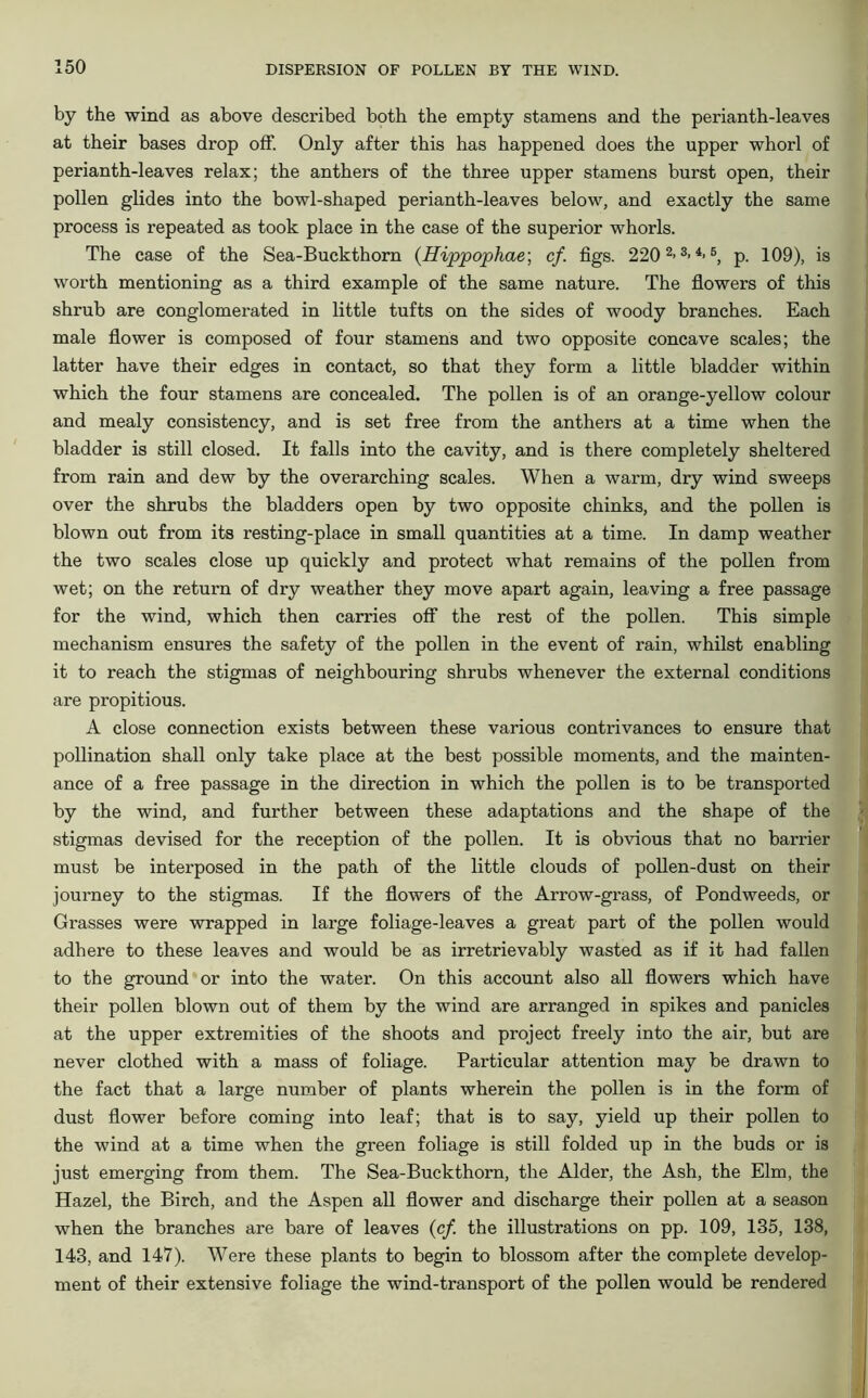 by the wind as above described both the empty stamens and the perianth-leaves at their bases drop off. Only after this has happened does the upper whorl of perianth-leaves relax; the anthers of the three upper stamens burst open, their pollen glides into the bowl-shaped perianth-leaves below, and exactly the same process is repeated as took place in the case of the superior whorls. The case of the Sea-Buckthorn (Hippophae; cf. figs. 2202i3'4>6, p. 109), is worth mentioning as a third example of the same nature. The flowers of this shrub are conglomerated in little tufts on the sides of woody branches. Each male flower is composed of four stamens and two opposite concave scales; the latter have their edges in contact, so that they form a little bladder within which the four stamens are concealed. The pollen is of an orange-yellow colour and mealy consistency, and is set free from the anthers at a time when the bladder is still closed. It falls into the cavity, and is there completely sheltered from rain and dew by the overarching scales. When a warm, dry wind sweeps over the shrubs the bladders open by two opposite chinks, and the pollen is blown out from its resting-place in small quantities at a time. In damp weather the two scales close up quickly and protect what remains of the pollen from wet; on the return of dry weather they move apart again, leaving a free passage for the wind, which then carries off the rest of the pollen. This simple mechanism ensures the safety of the pollen in the event of rain, whilst enabling it to reach the stigmas of neighbouring shrubs whenever the external conditions are propitious. A close connection exists between these various contrivances to ensure that pollination shall only take place at the best possible moments, and the mainten- ance of a free passage in the direction in which the pollen is to be transported by the wind, and further between these adaptations and the shape of the stigmas devised for the reception of the pollen. It is obvious that no barrier must be interposed in the path of the little clouds of pollen-dust on their journey to the stigmas. If the flowers of the Arrow-grass, of Pondweeds, or Grasses were wrapped in large foliage-leaves a great part of the pollen would adhere to these leaves and would be as irretrievably wasted as if it had fallen to the ground or into the water. On this account also all flowers which have their pollen blown out of them by the wind are arranged in spikes and panicles at the upper extremities of the shoots and project freely into the air, but are never clothed with a mass of foliage. Particular attention may be drawn to the fact that a large number of plants wherein the pollen is in the form of dust flower before coming into leaf; that is to say, yield up their pollen to the wind at a time when the green foliage is still folded up in the buds or is just emerging from them. The Sea-Buckthorn, the Alder, the Ash, the Elm, the Hazel, the Birch, and the Aspen all flower and discharge their pollen at a season when the branches are bare of leaves (cf. the illustrations on pp. 109, 135, 138, 143, and 147). Were these plants to begin to blossom after the complete develop- ment of their extensive foliage the wind-transport of the pollen would be rendered