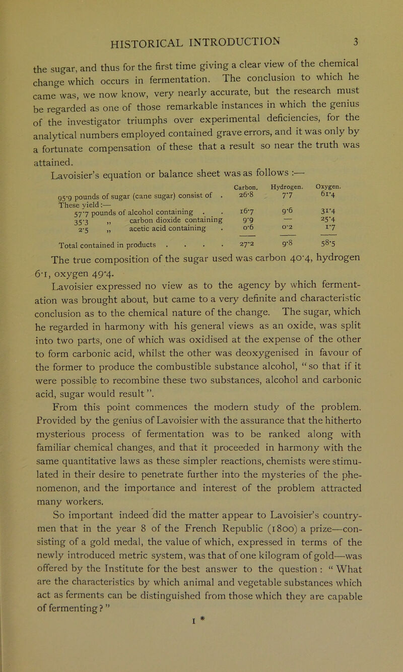 the sugar, and thus for the first time giving a clear view of the chemical change which occurs in fermentation. The conclusion to which he came was, we now know, very nearly accurate, but the reseaich must be regarded as one of those remarkable instances in which the genius of the investigator triumphs over experimental deficiencies, for the analytical numbers employed contained grave errors, and it was only by a fortunate compensation of these that a result so neai the truth was attained. Lavoisier’s equation or balance sheet was as follows :— Carbon. Hydrogen. Oxygen. gyg pounds of sugar (cane sugar) consist of . 26-8 77 6i'4 These yield:— 577 pounds of alcohol containing . i6’7 g-6 3I'4 35'3 ,, carbon dioxide containing g-g — 25 H 2-5 „ acetic acid containing 0*6 0-2 17 Total contained in products . . . . 27'2 9-8 58-5 The true composition of the sugar used was carbon 40-4, hydrogen 6-1, oxygen 49*4. Lavoisier expressed no view as to the agency by which ferment- ation was brought about, but came to a very definite and characteristic conclusion as to the chemical nature of the change. The sugar, which he regarded in harmony with his general views as an oxide, was split into two parts, one of which was oxidised at the expense of the other to form carbonic acid, whilst the other was deoxygenised in favour of the former to produce the combustible substance alcohol, “ so that if it were possible to recombine these two substances, alcohol and carbonic acid, sugar would result ”. From this point commences the modern study of the problem. Provided by the genius of Lavoisier with the assurance that the hitherto mysterious process of fermentation was to be ranked along with familiar chemical changes, and that it proceeded in harmony with the same quantitative laws as these simpler reactions, chemists were stimu- lated in their desire to penetrate further into the mysteries of the phe- nomenon, and the importance and interest of the problem attracted many workers. So important indeed did the matter appear to Lavoisier’s country- men that in the year 8 of the French Republic (1800) a prize—con- sisting of a gold medal, the value of which, expressed in terms of the newly introduced metric system, was that of one kilogram of gold—was offered by the Institute for the best answer to the question: “ What are the characteristics by which animal and vegetable substances which act as ferments can be distinguished from those which they are capable of fermenting? ”