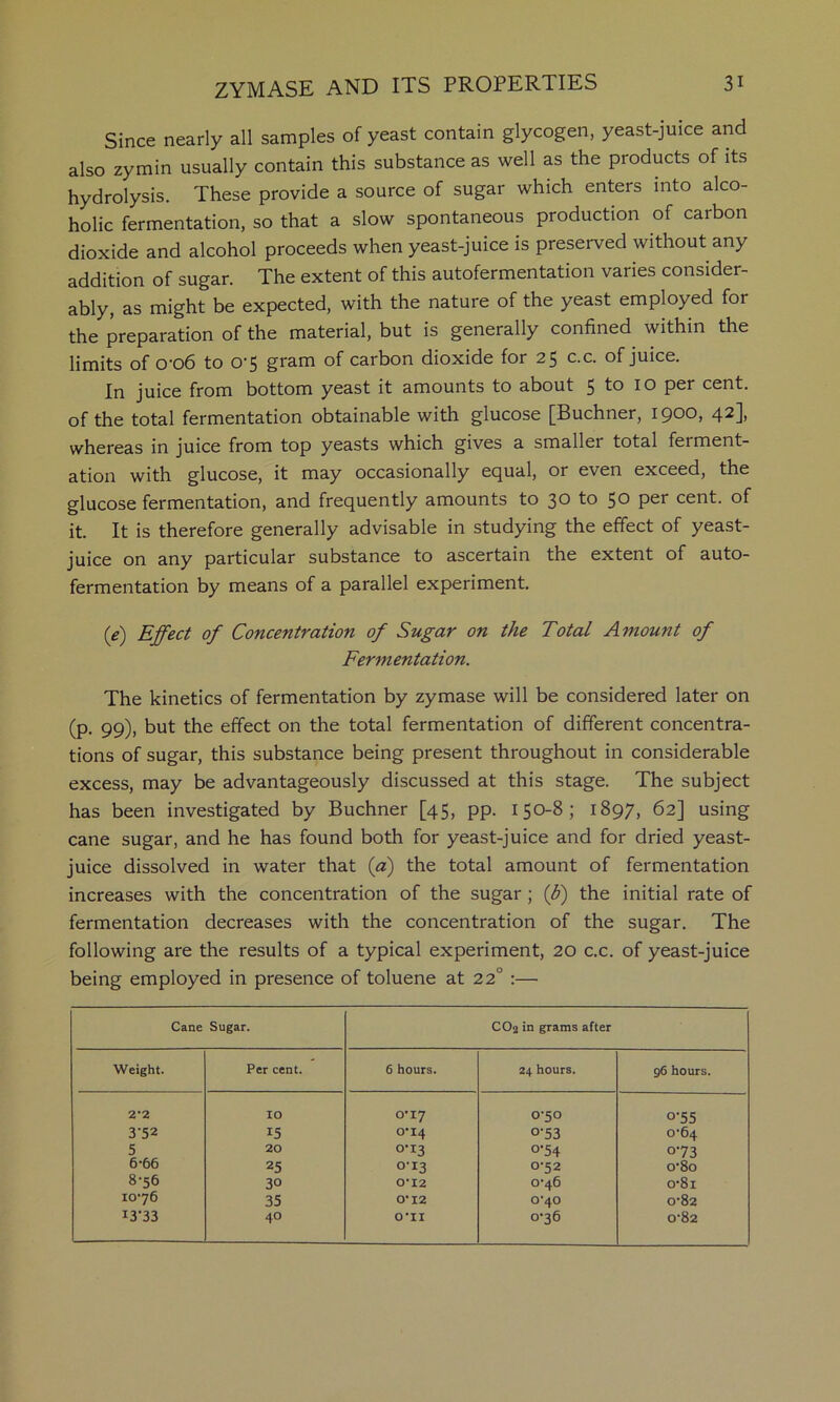 Since nearly all samples of yeast contain glycogen, yeast-juice and also zymin usually contain this substance as well as the products of its hydrolysis. These provide a source of sugar which enters into alco- holic fermentation, so that a slow spontaneous production of carbon dioxide and alcohol proceeds when yeast-juice is preserved without any addition of sugar. The extent of this autofermentation varies consider- ably, as might be expected, with the nature of the yeast employed for the preparation of the material, but is generally confined within the limits of o-o6 to 0-5 gram of carbon dioxide for 25 c.c. of juice. In juice from bottom yeast it amounts to about 5 to 10 per cent, of the total fermentation obtainable with glucose [Buchner, 1900, 42], whereas in juice from top yeasts which gives a smaller total ferment- ation with glucose, it may occasionally equal, or even exceed, the glucose fermentation, and frequently amounts to 30 to 50 per cent, of it. It is therefore generally advisable in studying the effect of yeast- juice on any particular substance to ascertain the extent of auto- fermentation by means of a parallel experiment. (e) Effect of Concentration of Sugar on the Total Amount of Fermentation. The kinetics of fermentation by zymase will be considered later on (p. 99), but the effect on the total fermentation of different concentra- tions of sugar, this substance being present throughout in considerable excess, may be advantageously discussed at this stage. The subject has been investigated by Buchner [45, pp. 150-8; 1897, 62] using cane sugar, and he has found both for yeast-juice and for dried yeast- juice dissolved in water that {a) the total amount of fermentation increases with the concentration of the sugar; {U) the initial rate of fermentation decreases with the concentration of the sugar. The following are the results of a typical experiment, 20 c.c. of yeast-juice being employed in presence of toluene at 22° :— Cane Sugar. CO2 in grams after Weight. Per cent. 6 hours. 24 hours. 96 hours. 2-2 10 O’17 0-50 0*55 3-52 15 o'i4 0’53 o’64 5 20 0-13 o’54 o’73 6*66 25 0-13 0-52 O’80 8-56 30 0’12 0*46 o’8i 1076 35 O’12 0*40 0’82 i3'33 40 O’ll o’36 0’82