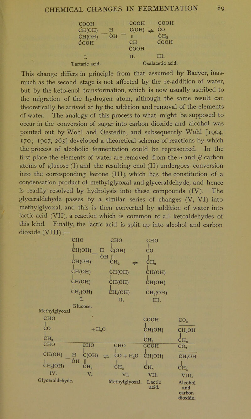 COOH COOH COOH CH(OH) H _ C(OH) ^ CO CH(OH) OH ~ II CH, COOH CH COOH COOH I. II. III. Tartaric acid. Oxalacetic acid This change differs in principle from that assumed by Baeyer, inas- much as the second stage is not affected by the re-addition of water, but by the keto-enol transformation, which is now usually ascribed to the migration of the hydrogen atom, although the same result can theoretically be arrived at by the addition and removal of the elements of water. The analogy of this process to what might be supposed to occur in the conversion of sugar into carbon dioxide and alcohol was pointed out by Wohl and Oesterlin, and subsequently Wohl [1904, 170; 1907, 265] developed a theoretical scheme of reactions by which the process of alcoholic fermentation could be represented. In the first place the elements of water are removed from the a and carbon atoms of glucose (I) and the resulting enol (II) undergoes conversion into the corresponding ketone (III), which has the constitution of a condensation product of methylglyoxal and glyceraldehyde, and hence is readily resolved by hydrolysis into these compounds (IV). The glyceraldehyde passes by a similar series of changes (V, VI) into methylglyoxal, and this is then converted by addition of water into lactic acid (VII), a reaction which is common to all ketoaldehydes of this kind. Finally, the lactic acid is split up into alcohol and carbon dioxide (VIII) CHO I CH(OH) I CH(OH) CH(OH) CH(OH) CHa(OH) I. CHO CHO 1 1 C(OH) 1 CO (1 CH, 1 1 CH, 1 CH(OH) CH(OH) CH(OH) CH(OH) CH,(OH) CH,(OH) II. III. Glucose. Methylglyoxal CHO io 1 CH, + H,0 COOH 1 CH(OH) 1 CH, CO, CH,OH 1 CH, CHO 1 CHO CHO COOH CO, CH(OH) H C(OH) CO + H,0 CH(OH) 1 CH,OH 1 1 OH II 1 CH,(OH) CH, CH, CH, CH, IV. V. VI. VII. VIII. lyceraldehyde. Methylglyoxal. Lactic acid. Alcohol and carbon dioxide.