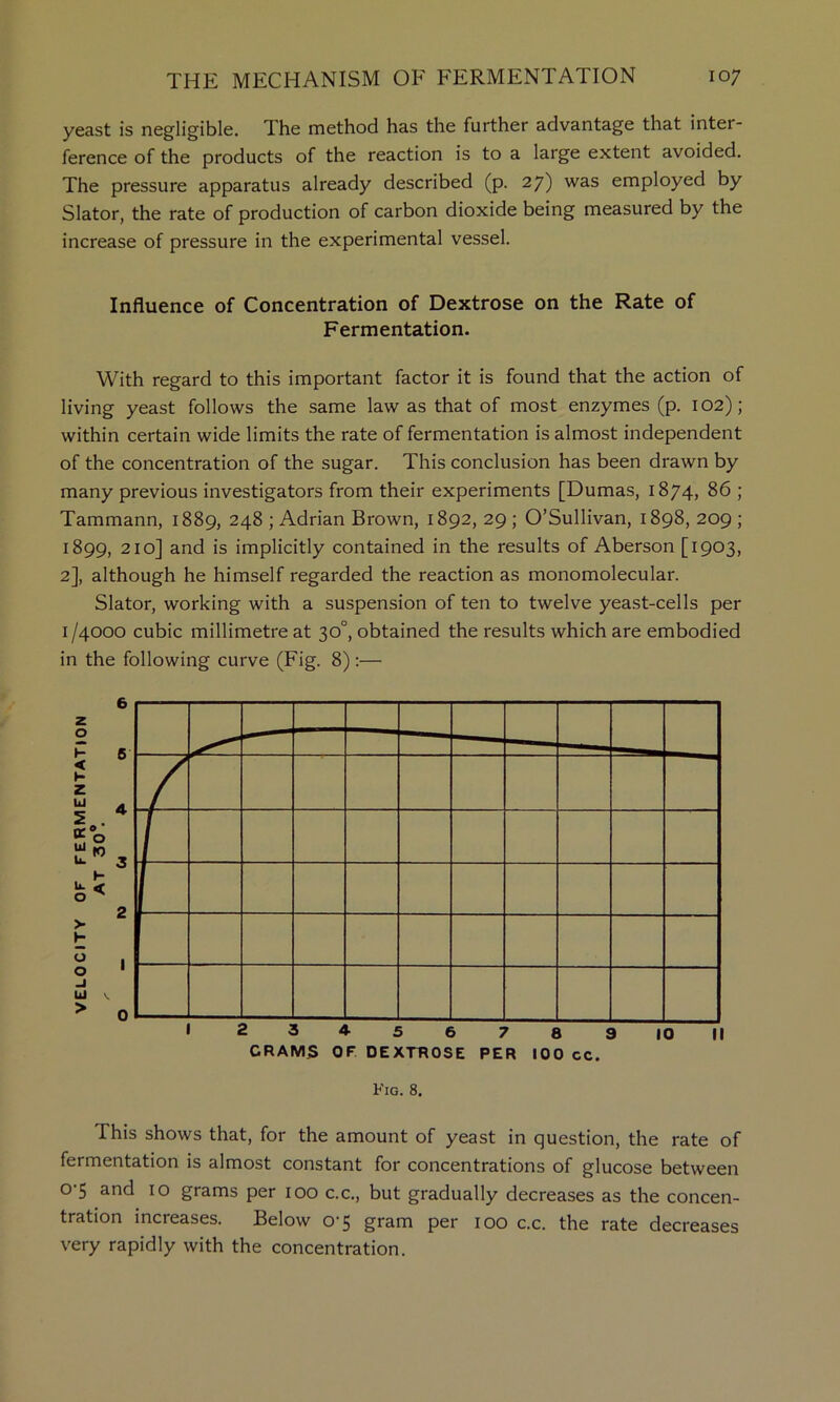 yeast is negligible. The method has the further advantage that inter- ference of the products of the reaction is to a large extent avoided. The pressure apparatus already described (p. 27) was employed by Slator, the rate of production of carbon dioxide being measured by the increase of pressure in the experimental vessel. Influence of Concentration of Dextrose on the Rate of Fermentation. With regard to this important factor it is found that the action of living yeast follows the same law as that of most enzymes (p. 102); within certain wide limits the rate of fermentation is almost independent of the concentration of the sugar. This conclusion has been drawn by many previous investigators from their experiments [Dumas, 1874, 86 ; Tammann, 1889, 248 ; Adrian Brown, 1892, 29 ; O’Sullivan, 1898, 209 ; 1899, 210] and is implicitly contained in the results of Aberson [1903, 2], although he himself regarded the reaction as monomolecular. Slator, working with a suspension of ten to twelve yeast-cells per I /4000 cubic millimetre at 30°, obtained the results which are embodied in the following curve (Fig. 8);— Fig. 8. This shows that, for the amount of yeast in question, the rate of fermentation is almost constant for concentrations of glucose between 0*5 and 10 grams per 100 c.c., but gradually decreases as the concen- tration increases. Below 0-5 gram per 100 c.c. the rate decreases very rapidly with the concentration.