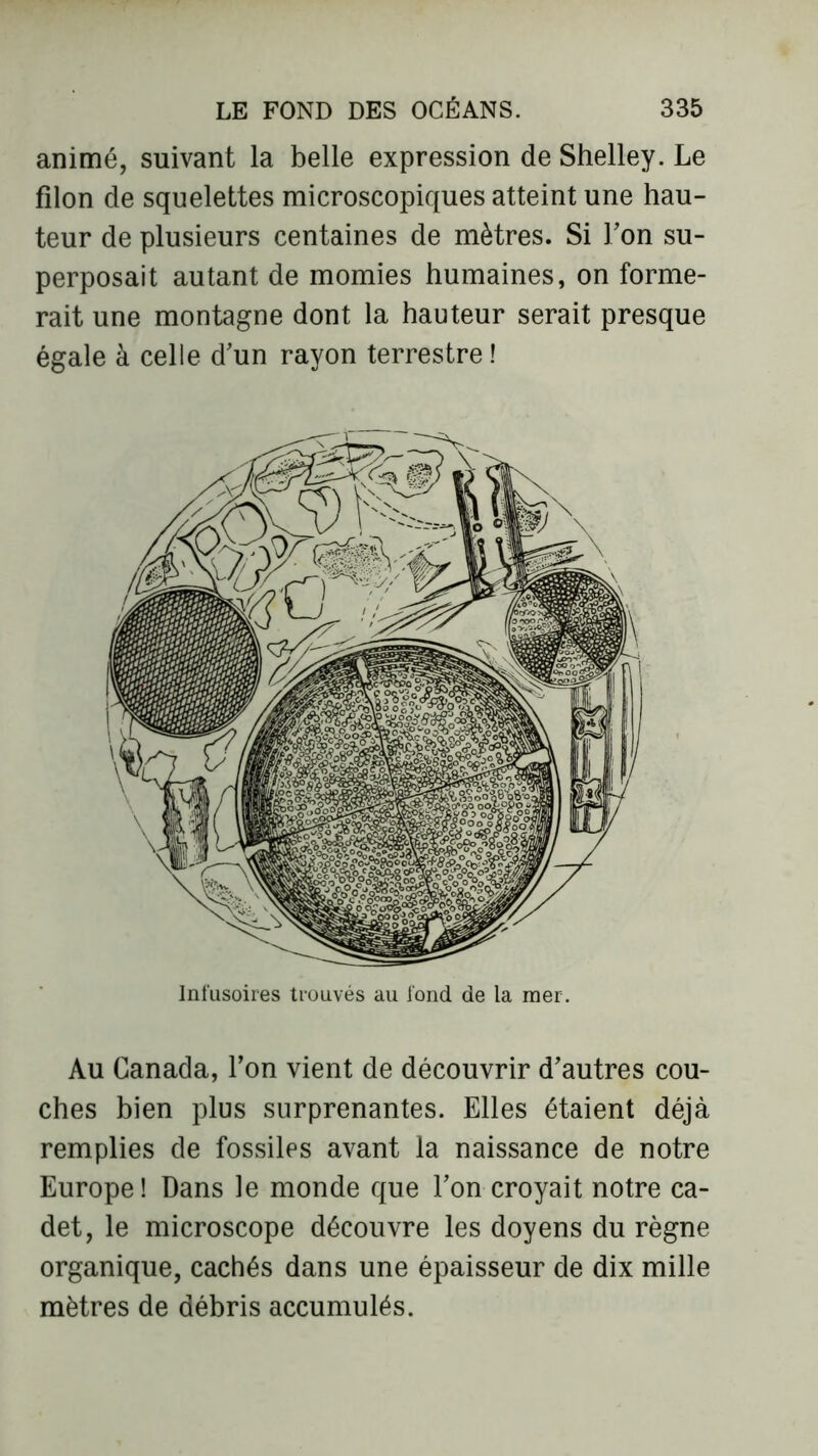 animé, suivant la belle expression de Shelley. Le filon de squelettes microscopiques atteint une hau- teur de plusieurs centaines de mètres. Si l'on su- perposait autant de momies humaines, on forme- rait une montagne dont la hauteur serait presque égale à celle d'un rayon terrestre ! Infusoires trouvés au fond de la mer. Au Canada, l’on vient de découvrir d'autres cou- ches bien plus surprenantes. Elles étaient déjà remplies de fossiles avant la naissance de notre Europe! Dans le monde que l'on croyait notre ca- det, le microscope découvre les doyens du règne organique, cachés dans une épaisseur de dix mille mètres de débris accumulés.