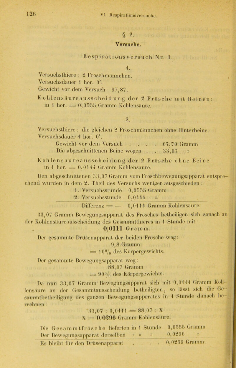 I2G §. 2. Versuche. Respirationsversuch Nr. I. 1. Versuchslhiere: 2 Froschmännchen. Versuchsdauer 1 hoi-. 0'. Gewicht vor dem Versuch: 97,87. Kohlensäureausscheidung der 2 Frösche mit Reinen: in 1 hör. = 0,0555 Gramm Kohlensäure. 2. Versuchslhiere: die gleichen 2 Froschmännchen ohne Hinterbeine Versuchsdauer 1 hör. 0'. Gewicht vor dem Versuch .... 67,70 Gramm Die abgeschnittenen Beine wogen . . 33,07 » Kohlensäureausscheidung der 2 Frösche ohne Beine: in 1 hör. = 0,0444 Gramm Kohlensäure. Den abgesehnitlenen 33,07 Gramm vom Froschbewegungsapparal entspre- chend wurden in dem 2. Theil des Versuchs weniger ausgeschieden: 1. Versuchsstunde 0,0555 Gramm 2. Versuchsstunde 0,0444 » Differenz = — 0,0114 Gramm Kohlensäure. 33,07 Gramm Bewegungsapparal des Frosches betheiligen sich sonach an der Kohlensäureausscheidung des Gesammtlhieres in I Stunde mit: 0,0111 Gramm. Der gesammle Drüsenapparat der beiden Frösche wog: 9,8 Gramm = 10°/o des Körpergewichts. Der gesainmte Bewegungsapparat wog: 88,07 Gramm = 90°/„ des Körpergewichts. Da nun 33,07 Gramm'Bewegungsapparat sich mit 0,0111 Gramm Koh- lensäure an der Gesammlausscheidung beiheiligten, so lässt sich die Ge- sammlbelheiligung des ganzen Bewegungsapparates in I Stunde danach be- rechnen : '33,07 : 0,011 I = 88,07 : X X = 0,0200 Gramm Kohlensäure. Die Gesamm tfrösche lieferten in 1 Stunde 0,0555 Gramm Der Bewegungsapparat derselben » » » 0,0296 15s bleibt für den DrUsenapparal .... 0,0259 Gramm.