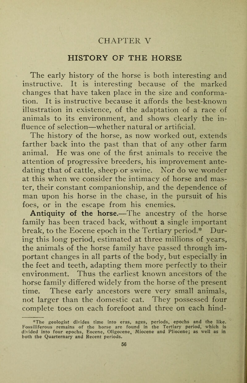 CHAPTER V HISTORY OF THE HORSE The early history of the horse is both interesting and instructive. It is interesting because of the marked changes that have taken place in the size and conforma- tion. It is instructive because it affords the best-known illustration in existence, of the adaptation of a race of animals to its environment, and shows clearly the in- fluence of selection—whether natural or artificial. The history of the horse, as now worked out, extends farther back into the past than that of any other farm animal. He was one of the first animals to receive the attention of progressive breeders, his improvement ante- dating that of cattle, sheep or swine. Nor do we wonder at this when we consider the intimacy of horse and mas- ter, their constant companionship, and the dependence of man upon his horse in the chase, in the pursuit of his foes, or in the escape from his enemies. Antiquity of the horse.—The ancestry of the horse family has been traced back, without a single important break, to the Eocene epoch in the Tertiary period.* Dur- ing this long period, estimated at three millions of years, the animals of the horse family have passed through im- portant changes in all parts of the body, but especially in the feet and teeth, adapting them more perfectly to their environment. Thus the earliest known ancestors of the horse family differed widely from the horse of the present time. These early ancestors were very small animals, not larger than the domestic cat. They possessed four complete toes on each forefoot and three on each hind- *The geologist divides time into eras, ages, periods, epochs and the like. Fossiliferous remains of the horse are found in the Tertiary period, which is divided into four epochs. Eocene, Oligocene, Miocene and Pliocene; as well as in both the Quarternary and Recent periods.