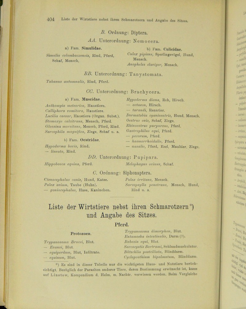 B. Ordnung: Diptera. AA. Unterordnung: Neinocera. a) Fam. Simulidao. Simulia colombaczensis, Find, Pferd, Schaf, Mensch. b) Fam. Culicidae. Culex pipiens, Sperlingsvögel, Hund, Mensch. Anopheles claviger, Mensch. BB. Unterordnung: Tanystomata. Tabanus autumnalis, Rind, Pferd. CG. Unterordnung: Brachycera. a) Fam. Muscidae. Anthomyia meteorica, Haustiere. Calliphora vomitora, Haustiere. Lucilla caesar, Haustiere (Organ. Subst.). Stomoxys calcitrans, Mensch, Pferd. Glossina morsitans, Mensch, Pferd, Rind. Sarcophila magnifica, Ziege, Schaf u. a. b) Fam. Oestridae. Hijpoäerma bovis, Rind. — lineata, Rind. Hypoderma diuna, Reh, Hirsch. — actaeon, Hirsch. — tarandi, Renntier. Dennatobia cyaniventris, Hund, Mensch, Oestrus ovis, Schaf, Ziege. RhinoeStrus purpureus, Pferd. Gastrophilus equi, Pferd. — pecorum, Pferd. — haemorrhoidalis, Pferd. — nasalis, Pferd, Esel, Maultier. Ziege. DD. Unterordnung: Pupipara. Hippobosca equina, Pferd. Melophagus ovinus, Schaf. G. Ordnung: Siplionaptera, Ctenocephalus canis, Hund, Ratze. Pulex avium, Taube (Huhn). — goniocephalus, Hase, Kaninchen. Pulex irritans, Mensch. Sarcopsylla penetrans, Mensch. Hund, Rind u. a. Liste der Wirtstiere liebst ihren Schmarotzern *) und Angabe des Sitzes. Pferd. Trypanosoma dimorplion, Blut. Entamoeba intestinalis, Darm (?). Babesia equi, Blut. Sarcocyslis Bertrami, Schlundmuskulator. Biitschlia postciliata, Blinddarm. Cycloposthium bipalmatum, Blinddarm. *) Es sind in dieser Tabello nur die wichtigsten Haus- und Nutztiere berück- sichtigt. Bezüglich der Parasiten anderer Tiere, deren Bestimmung erwünscht ist. kann auf Linstow, Kompendium d. Helm. m. Nachtr. verwiesen werden. Beim ^ ergleiche Protozoen. Trypanosoma Brucei, Blut. — Evansi, Blut. — equiperdum, Blut, Infiltrate. — equinum, Blut.