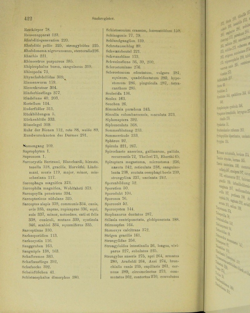 Restkorper 78. Reusenapparat 128. Rhabditisgeneration 220. Rhabditis pellio 225, strongyloides 225. Rhabdonema nigrovenosnm, stcrcoralis226. Rliacbis 221. Rhinoestrus purpureus 385. Khipicephalus bursa, sanguineus 310. Rhizopoda 73. Rhvnchobdellidae 309. Riemenwurm 179. Riesenkratzer 304. Rinderbiesfliege 377. Rindsfinne 40, 203. liostellum 184. Ruderfüßler 311. Rückbildungen 5. Rückenblöße 333, Rüsselegel 309. Ruhr der Bienen 112, rote 88, weiße 89. Rundwurmknoten des Darmes 291. Samengang 109. Saprophyten 1. Saprozoen 1. Sarcocystis Bertrami, Blanchardi, hirsuta, tenella 318, gracilis. Horvathi, Linde- maui, muris 119, major. minor, mie- scheriana 117. Sarcophaga magniiica 373. Sarcophila magnifica, Wohlfahrti 373. Sarcopsylla penetrans 394. Sarcopterinus nidulans 325. Sarcoptes alepis 339, communis 334, canis, ovis 335, caprae, rupicaprae 33(5, equi, suis 337, minor, notoedres, cati et felis 338, cuniculi, mutans 339, cysticola 346, scabiei 334, squamiferus 335. Sarcoptinae 330. Sarkosporidien 113. Sarkozystin 11(5. Sauggruben 163. Saugnäpfe 138, 163, Scbafbremse 383. Schaflausfliege 392. Schafzecke 392. Scheinfüßchen 41. Schistocephalus dimorphus 180. Schistosoraum crassum, haematobium 159. Schizogonie 77. 79. Schlundganglion 139. Schrotansschlag 89. Schwanzbeutel 221. Schwanzblase 173. Schweinsfinne 36, 39, 200. Sclerostominae 276. Sclerostomum edentatuin, vulgare 281. equinum, quadridentatum 280. hypo- stomum 286, pinguicola 287. tetra- canthum 285. Scolecida 136. Scolex 163. Seuchen 26. Simondsia paradoxa 243. Simulia columbaczensis, maculata 373. Siphonaptera 392. Siphunculata 368. Sommerblutung 233. Sommerräude 233. Sphären 92. Spicula 221, 267. Spirochaete anserina, gallinarum. pallida. recurrentis 72, Theileri 73, Eberthi 65. Spiroptera megastoma, microstoma 236, nasuta 242, reticulata 238, sanguino- lenta 238, scutata oesophagi bovis 239. strongylina 237, uncinata 242. Sporenbildung 52. Sporetien 50. Sporodukt 101. Sporozoa 76. Sporozoit 52. Sporozysten 144. Stephanurus dentatus 287. Stilesia centripunctata. globipunclata 18S. Stirnzapfen 164. Stomoxys calcitrans 372. Strigea gracilis 161. Strongylidac 256. Strongyloides intestinalis 26. longus. vivi- parus 227, subulatus 225. Strongylus anseris 275, apri 261, armatus 280, Arnfieldi 264, Axei 274, bron- chialis canis 235, capillaris 261. cer- nuus 289, circumeinctus 273. com- mutatus 262, contortus 270, convolutus