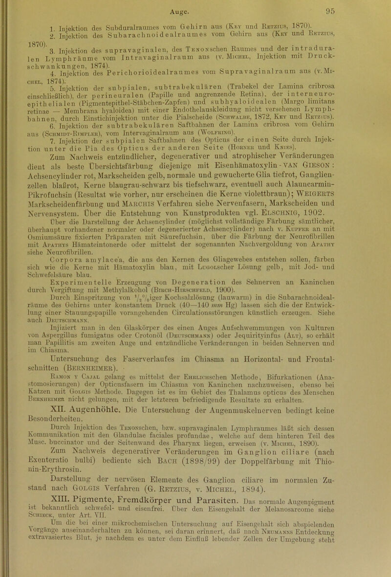 1. Injektion des Subduralraumes vom Gehirn aus (Key und Retzius, 1870). 2. Injektion des Subarachnoidealraumes vom Gehirn aus (Key und Retzius, 1870) 3. Injektion des supravaginalen, des TuNONSchen Raumes und der intradura- len Lymphräume vom Intravaginalraum aus (v. Michel, Injektion mit Druck- scliwankungen, 1874). . ... 4. Injektion des Perichorioidealraumes vom Supravaginalraum aus (v.Mi- ciiel, 1®7jKekt.on der sutpialen, subtrabekulären (Trabekel der Lamina cribrosa einschließlich), der perineuralen (Papille und angrenzende Retina), der interneuro- epithelialen (Pigmentepitliel-Stäbchen-Zapfen) und subhyaloidealen (Margo limitans retinae — Membrana hyaloidea) mit einer Endothelauskleidung nicht versehenen Lymph- bahnen, durch Einstichinjektion unter die Pialscheide (Schwalbe, 1872, Key und Retzius). 6. Injektion der subtrabekulären Saftbahnen der Lamina cribrosa vom Gehirn aus (Schmidt-Rtmpleh), vom Intervaginalraum aus (Wolfking). 7. Injektion der subpialen Saftbahnen des Opticus der einen Seite durch Injek- tion unter die Pia des Opticus der anderen Seite (Hokneu und Knies). Zum Nachweis entzündlicher, degenerativer und atrophischer Veränderungen dient als beste Übersichtsfärbung diejenige mit Eisenhümatoxylin - VAN GlESON : Achsencylinder rot, Markscheiden gelb, normale und gewucherte Glia tiefrot, Ganglien- zellen blaßrot, Kerne blau grau-schwarz bis tiefschwarz, eventuell auch Alauncarmin- Pikrofuchsin (Resultat wie vorher, nur erscheinen die Kerne violettbraun); Weigerts Markscheidenfärbung und Marchis Verfahren siehe Nervenfasern, Markscheiden und Nervensystem, über die Entstehung von Kunstprodukten vgl. Elschnig, 1902. Über die Darstellung der Achsencylinder (möglichst vollständige Färbung sämtlicher, überhaupt vorhandener normaler oder degenerierter Achsencylinder) nach v. Kupfer an mit Osmiumsäure fixierten Präparaten mit Säurefuchsin, über die Färbung der Neurofibrillen mit Apatiiys Hämateintonerde oder mittelst der sogenannten Nachvergoldung von Apathy siehe Neurofibrillen. Corpora amylacea, die aus den Kernen des Gliagewebes entstehen sollen, färben sich wie die Kerne mit Hämatoxylin blau, mit LuooLscher Lösung gelb, mit Jod- und Schwefelsäure blau. Experimentelle Erzeugung von Degeneration des Sehnerven an Kaninchen durch Vergiftung mit Methylalkohol (Birch-Hirsohfeld, 1900). Durch Einspritzung von ’/V/o'ger Kochsalzlösung (lauwarm) in die Subarachnoideal- räume des Gehirns unter konstantem Druck (40—140 mm Hg) lassen sich die der Entwick- lung einer Stauungspapille vorangehenden Circulationsstörungen künstlich erzeugen. Siehe auch Deutscumann. Injiziert man in den Glaskörper des einen Auges Aufschwemmungen von Kulturen von Aspergillus fumigatus oder Crotonöl (Deutschmann) oder Jequirityinfus (Alt), so erhält man Papillitis am zweiten Auge und entzündliche Veränderungen in beiden Sehnerven und im Chiasma. Untersuchung des Faserverlaufes im Chiasma an Horizontal- und Frontal- schnitten (Bernheimer). ■ Ramon y Cajal gelang es mittelst der EHRLicuschen Methode, Bifurkationen (Ana- stomosierungen) der Opticusfasern im Chiasma von Kaninchen nachzuweisen, ebenso bei Katzen mit Golgis Methode. Dagegen ist es im Gebiet des Thalamus opticus des Menschen Bernheimer nicht gelungen, mit der letzteren befriedigende Resultate zu erhalten. XII. Augenhöhle. Die Untersuchung der Augenmuskelnerven bedingt keine Besonderheiten. Durch Injektion des TäNONSchen, bzw. supravaginalen Lymphraumes läßt sich dessen Kommunikation mit den Glandulae faciales profundae, welche auf dem hinteren Teil des Muse, buccinator und der Seitenwand des Pharynx liegen, erweisen (v. Michel, 1S90). Zum Nachweis degenerativer Veränderungen im Ganglion ciliare (nach Exeuteratio bulbi) bediente sich Bach (1898/99) der Doppelfärbung mit Thio- nin-Erythrosin. Darstellung der nervösen Elemente des Ganglion ciliare im normalen Zu- stand nach Golgis Verfahren (G. RETzrus, v. Michel, 1894). Pigmente, Fremdkörper und Parasiten. Das normale Angenpigment, ist bekanntlich schwefel- und eisenfrei. Über den Eisengehalt der Melanosarcome siehe Schieck, unter Art. VII. Um die bei einer mikrochemischen Untersuchung auf Eisengehalt sich abspielenden torgänge auseinanderhalten zu können, sei daran erinnert, daß nach Neumanns Entdeckung extravasiertes Blut, je nachdem es unter dem Einfluß lebender Zellen der Umgebung steht,