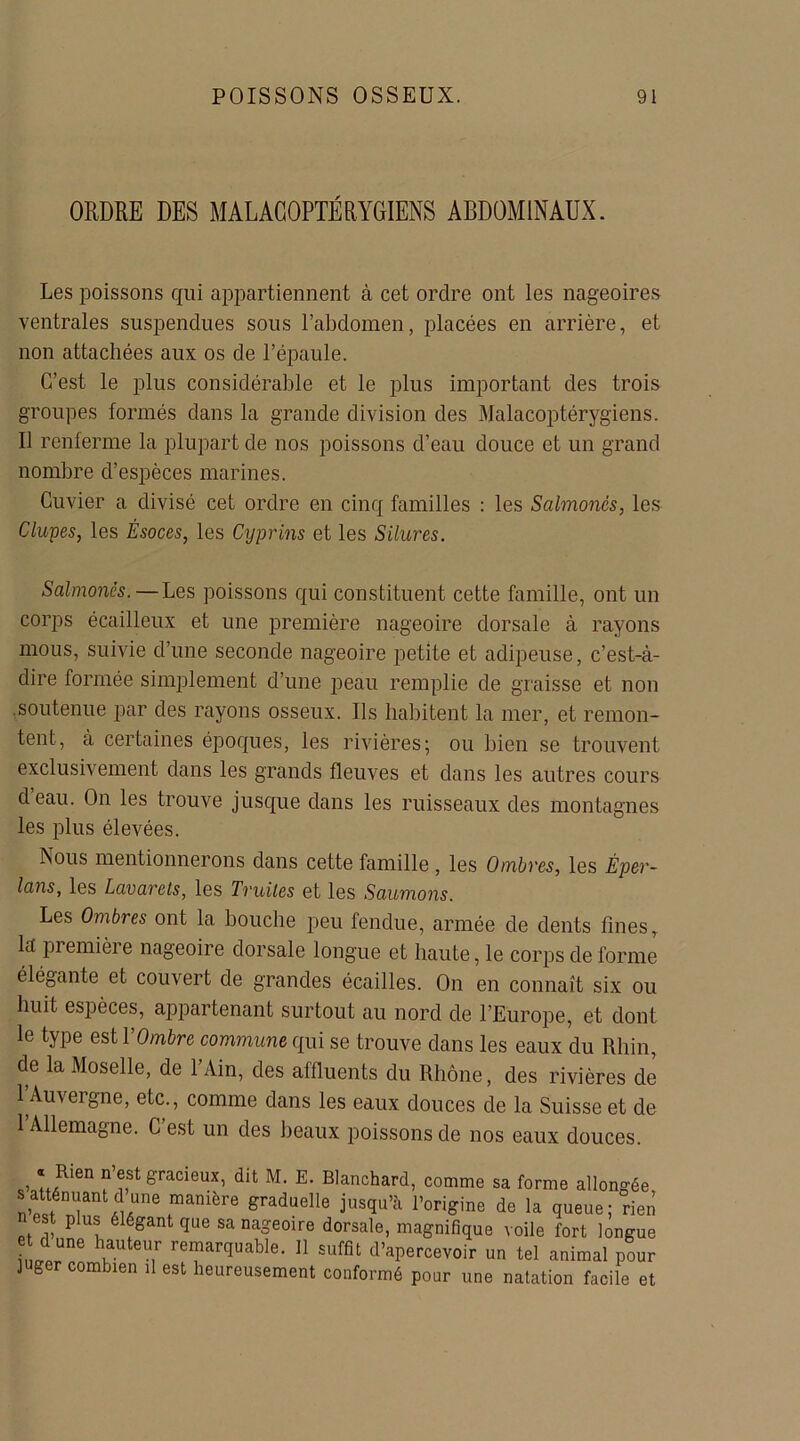 ORDRE DES MALACOPTÉRYGIENS ABDOMINAUX. Les poissons qui appartiennent à cet ordre ont les nageoires ventrales suspendues sous l’abdomen, placées en arrière, et non attachées aux os de l’épaule. C’est le plus considérable et le plus important des trois groupes formés dans la grande division des Malacoptérygiens. Il renferme la plupart de nos poissons d’eau douce et un grand nombre d’espèces marines. Cuvier a divisé cet ordre en cinq familles : les Scilmonés, les Clupes, les Ésoces, les Cyprins et les Silures. Salmonés.—Les poissons qui constituent cette famille, ont un corps écailleux et une première nageoire dorsale à rayons mous, suivie d’une seconde nageoire petite et adipeuse, c’est-à- dire formée simplement d’une peau remplie de graisse et non soutenue par des rayons osseux. Us habitent la mer, et remon- tent, a certaines époques, les rivières; ou bien se trouvent exclusivement dans les grands fleuves et dans les autres cours deau. On les trouve jusque dans les ruisseaux des montagnes les plus élevées. INous mentionnerons dans cette famille , les Ombres, les Éper- Ictns, les Lavarets, les Truites et les Saumons. Les Ombres ont la bouche peu fendue, armée de dents fines, la première nageoire dorsale longue et haute, le corps de forme élégante et couvert de grandes écailles. On en connaît six ou huit espèces, appartenant surtout au nord de l’Europe, et dont le type est VOmbre commune qui se trouve dans les eaux du Rhin, de la Moselle, de l’Ain, des affluents du Rhône, des rivières de 1 Auvergne, etc., comme dans les eaux douces de la Suisse et de l’Allemagne. C’est un des beaux poissons de nos eaux douces. «Rien n’est gracieux, dit M. E. Blanchard, comme sa forme allongée s atténuant dune manière graduelle jusqu’à l’origine de la queue; rien n est plus élégant que sa nageoire dorsale, magnifique voile fort longue iLlT v T rTarqUable’ 11 Suffit décevoir un tel animal pour ] g ombien il est heureusement conformé pour une natation facile et