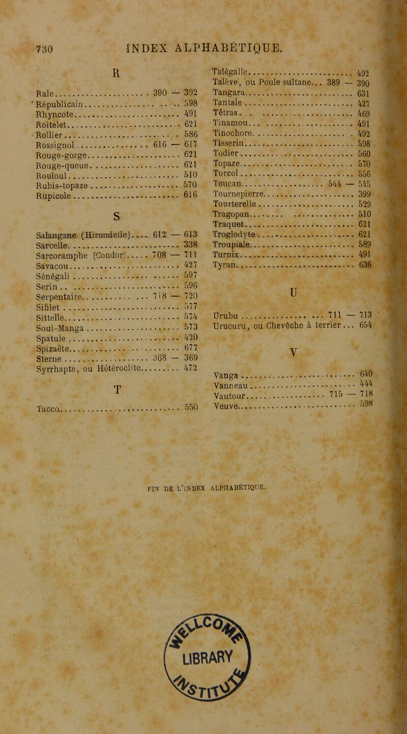 R Raie ' Républicain Rhyncote Roitelet. • Rollier Rossignol. Rouge-gorge Rouge-queue Rouloul Rubis-topaze Rupicole S 390 — 392 598 491 621 586 616 — 617 621 621 510 570 616 Salangane (Hirondelle) 612 — 613 Sarcelle 338 Sarcoramphe (Condor) 708 — 711 Savacou 427 Sénégali 597 Serin 596 Serpentaire 7 i 8 — 720 Sifilet 577 Sittelle 574 Soui-Manga 573 Spatule 420 Spizaëte 677 Sterne 368 — 369 Syrrhapte, ou Hétéroclite 472 T 550 Talégalle 490 Talcve, ou Poule sultane... 389 — 390 Tangara 631 Tantale 427 Tétras 469 Tinamou 491 Tinochore 492 Tisserin 598 Todier 560 Topaze 570 Torcol 556 Toucan 544 — 545 Tournepierre 399 Tourterelle 529 Tragopan 510 Traquet 621 Troglodyte 621 Troupiaie 589 Turnix 491 Tyran 636 U Urubu 711 — 713 Urucuru, ou Chevêche à terrier ... 654 Y Vanga .. Vanneau Vautour. Veuve... 640 444 715 — 718 598 FIN DE L’INDEX ALPHABÉTIQUE.