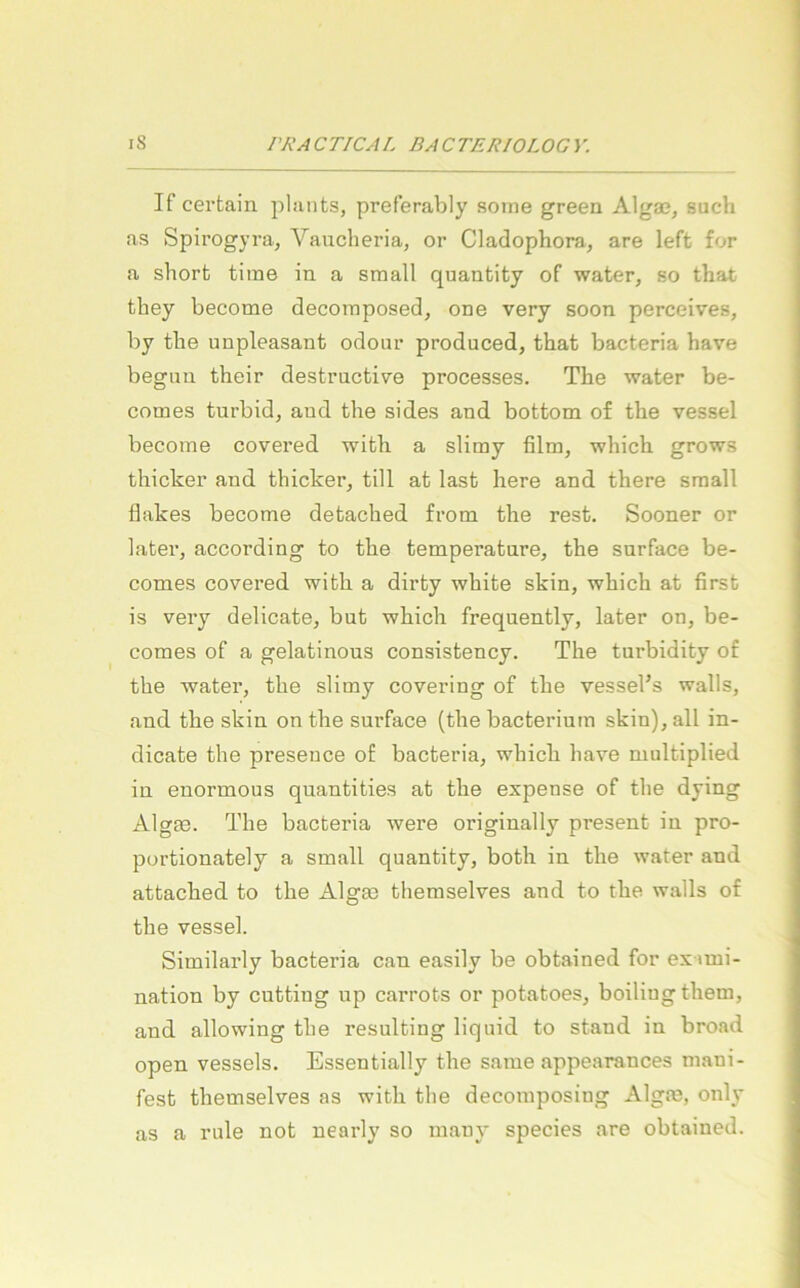 If cerfcain plants, preferably so ine green Alga?, such as Spirogyra, Vaiicheria, or Cladophora, are left for a shorb time in a small quantity of water, so that they become decoraposed, one very soon perceives, by the unpleasant odour produced, that bacteria have beguu their destructive processes. The water be- comes turbid, and the sides and bottom of the vessel become covered with a slimy film, which grows thicker and thicker, tili at last here and there small flakes become detached from the rest. Sooner or latei’, according to the temperatnre, the surface be- comes covered with a dirty white skin, which at first is very delicate, but which freqnently, later on, be- comes of a gelatinous consistency. The turbidity of the water, the slimy covering of the vesseFs walls, and the skin on the surface (the bacterium skin), all in- dicate the presence of bacteria, which have multiplied in enormous quantities at the expense of the dying Algm. The bacteria Avere originally present in pro- portionately a small quantity, both in the water and attached to the Algm themselves and to the walls of the vessel. Similarly bacteria can easily be obtained for ex imi- nation by cntting up caiTOts or potatoes, boiliugthem, and allowing the resulting liquid to stand in broad open vessels. Essentially the same appearances mani- fest themselves as with the decomposiug Algm, only as a rule not nearly so many species are obtained.