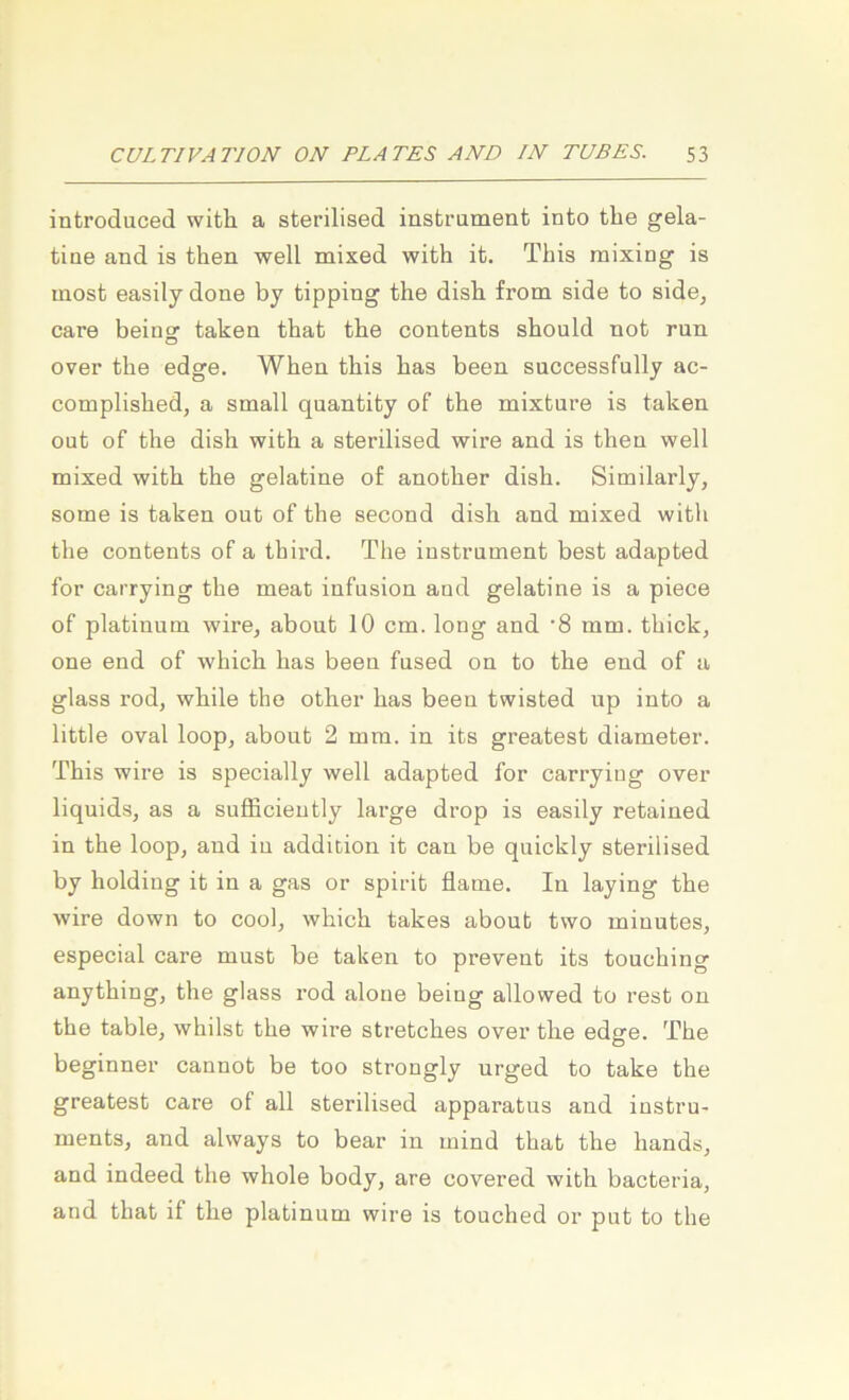 introduced wifch a sterilised instrument into tbe gela- tine and is then well mixed with it. This raixing is most easily done by tipping the dish from side to side, care being taken that the contents should not run over tbe edge. Wben tbis bas been successfully ac- complisbed, a small quantity of the mixture is taken out of tbe dish with a sterilised wire and is then well mixed with the gelatine of another dish. Similarly, some is taken out of the second dish and mixed with the contents of a third. The instrument best adapted for carrying the meat infusion and gelatine is a piece of platinum wire, about 10 cm. long and '8 mm. thick, one end of which has been fused on to the end of a glass rod, while the other has been twisted up into a little oval loop, about 2 mm. in its greatest diameter. This wire is specially well adapted for carrying over liquids, as a sulEcieutly large drop is easily retained in the loop, and in addition it cau be quickly sterilised by holdiug it in a gas or spirit flame. In laying the wire down to cool, which takes about two miuutes, especial care must be taken to prevent its touching anything, the glass rod alone being allowed to rest on the table, whilst the wire Stretches over the edge. The beginner cannot be too strongly urged to take the greatest care of all sterilised apparatus and instru- ments, and always to bear in mind that the hands, and indeed the whole body, are covered with bacteria, and that if the platinum wire is touched or put to the