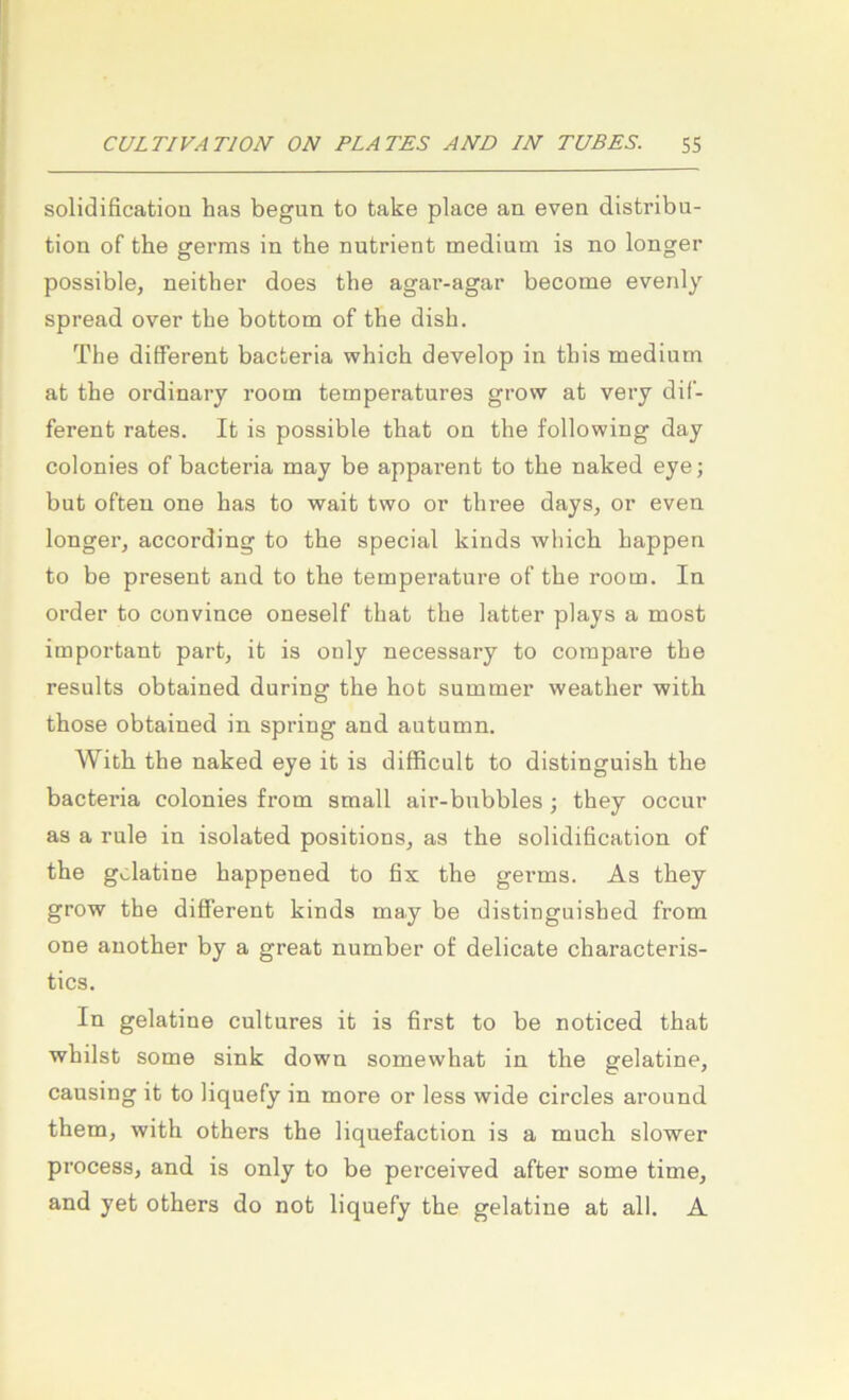solidificatiou has begun to take place an even distribu- tiou of the germs in the nutrient medium is no longer possible, neither does the agar-agar become evenly spread over tbe bottom of the dish. The different bacteria which develop in this medium at the ordinary room temperatures grow at very dif- ferent rates. It is possible that on the following day colonies of bacteria may be apparent to the naked eye; but ofteu one has to wait two or three days, or even longer, according to the special kinds wliich happen to be present and to the temperatui’e of the room. In Order to convince oneself that the latter plays a most important part, it is only necessary to compare the results obtained during the hot summer weather with those obtained in spring and autumn. With the naked eye it is difficult to distinguish the bacteria colonies from small air-bubbles ; they occur as a rule in isolated positions, as the solidification of the gdatine happened to fix the germs. As they grow the different kinds may be distinguished from one auother by a great number of delicate characteris- tics. In gelatine cultures it is first to be noticed that whilst some sink down somewhat in the gelatine, causing it to liquefy in more or less wide circles around them, with others the liquefaction is a much slower process, and is only to be perceived after some time, and yet others do not liquefy the gelatine at all, A