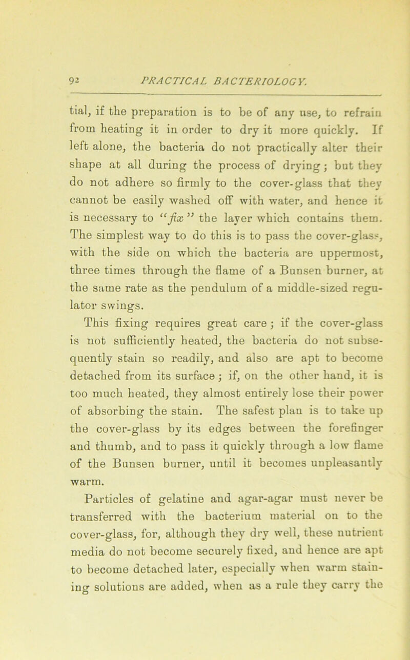 tial, if tlie preparation is to be of any use, to refraiu fi'om heating it in Order to dry it more quickly. If lefb alone, the bacteria do not practically alter their shape at all during the process of drying; bot they do not adhere so firmly to the cover-glass that they cannot be easily washed oflf with water, and hence it is necessary to “fix” the layer which contains theui. The simplesb way to do this is to pass the cover-glass, with the side on which the bacteria are uppermost, three times through the öame of a Bunsen burner, at the Same rate as the pendulum of a middle-sized regu- lator Swings. This fixing requires great care; if the cover-glass is not sufEciently heated, the bacteria do not subse- quently stain so readily, and also are apt to become detached from its surface; if, on the other hand, it is too much heated, they almost entirely lose their power of absorbing the stain. The safest plan is to take up the cover-glass by its edges between the forefinger and thumb, and to pass it quickly through a low flame of the Bunsen burner, until it becomes unpleasantly warm. Particles of gelatine and agar-agar must never be transferred with the bacteriuin material on to the cover-glass, for, although they dry well, these uutrieut niedia do not become securely fixed, and hence are apt to become detached later, especially when warm stain- ing Solutions are added, when as a rule they carry the