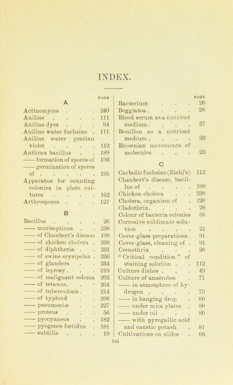 INDEX PAGE A Actinomyces . . . 240 Aniline .... 111 Aniline dyes ... 94 Aniline water fuchsine . 111 Aniline water gentian violet .... 112 Anthrax hacillus . . 189 formation of spores of 193 germination of spores of 195 Apparatus for counting colonies in plate cul- tures . . . .162 Arthrospores . . . 127 B Bacillus .... 26 murisepticus . . 238 of Chaubert’s disease 198 of chicken Cholera . 238 of diphtheria . . 231 of swine erysipelas . 236 of glanders . . 234 of leprosy. . .218 of malignant oedema 202 of tetanus. . • 204 of tuberculosis. . 214 of typhoid . . 206 pneumonise . . 227 proteus ... 56 pyocyaneus . . 182 pyogenes fcetidus . 181 —^ subtilis ... 19 PAGE Bacterium . . .26 Beggiatoa.... 28 Blood Serum as a nutrient medium.... 37 Bouillon as a nutrient medium. . . .33 Brownian movements of molecnles . . .23 C Carbolic fuchsine (Ziehl’s) 112 Chaubert’s disease, bacil- lus of . . . . 198 Chicken cholera . . 238 Cholera, organism of . 220 Cladothrix.... 28 Colour of bacteria colonies 56 Corrosive Sublimate solu- tion .... 21 Cover-glass preparations . 91 Cover-glass, cleaning of . 91 Crenothrix ... 28 “ Critical condition ” of staining Solution . .112 Culture dishes ... 49 Culture of anaörobes . 71 in atmosphere of hy- drogen .... 73 in hanging drop . 80 under mica plates . 80 under oil . . . 80 with pyrogallic acid and caustic potash . 81 Cultivations on slides . 68