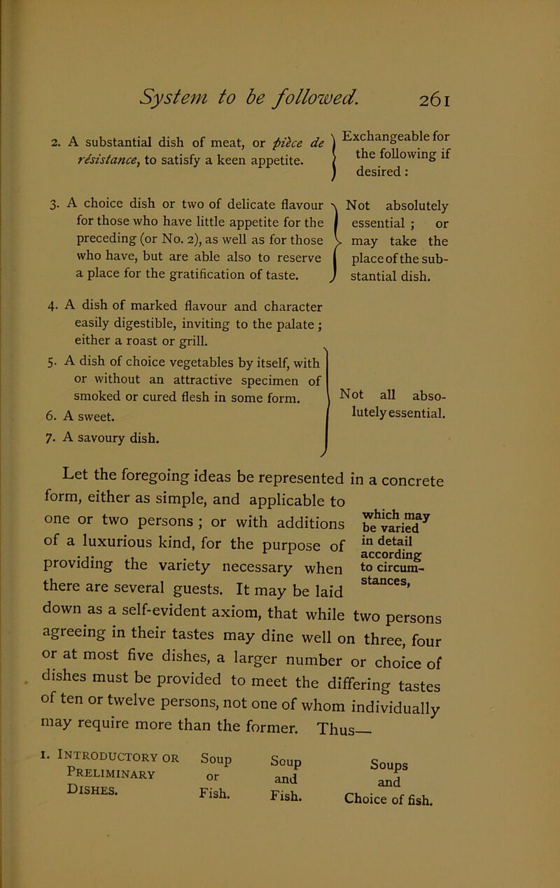 2. A substantial dish of meat, or fiilce de ) Exchangeable for resistance, to satisfy a keen appetite. ( t^ie Allowing if ) desired: 3. A choice dish or two of delicate flavour \ Not absolutely for those who have little appetite for the I essential ; or preceding (or No. 2), as well as for those V may take the who have, but are able also to reserve I place of the sub- a place for the gratification of taste. J stantial dish. 4. A dish of marked flavour and character easily digestible, inviting to the palate ; either a roast or grill. 5. A dish of choice vegetables by itself, with or without an attractive specimen of smoked or cured flesh in some form. abso- 6. A sweet. lutely essential. 7. A savoury dish. Let the foregoing ideas be represented in a concrete form, either as simple, and applicable to one or two persons ; or with additions ^variSf7 of a luxurious kind, for the purpose of in detail ... . r 1 according providing the variety necessary when to circum- there are several guests. It may be laid StanCCS’ down as a self-evident axiom, that while two persons agreeing in their tastes may dine well on three, four or at most five dishes, a larger number or choice of dishes must be provided to meet the differing tastes of ten or twelve persons, not one of whom individually may require more than the former. Thus— 1. Introductory or Soup Preliminary or Dishes. Fish. Soup and Fish. Soups and Choice of fish.