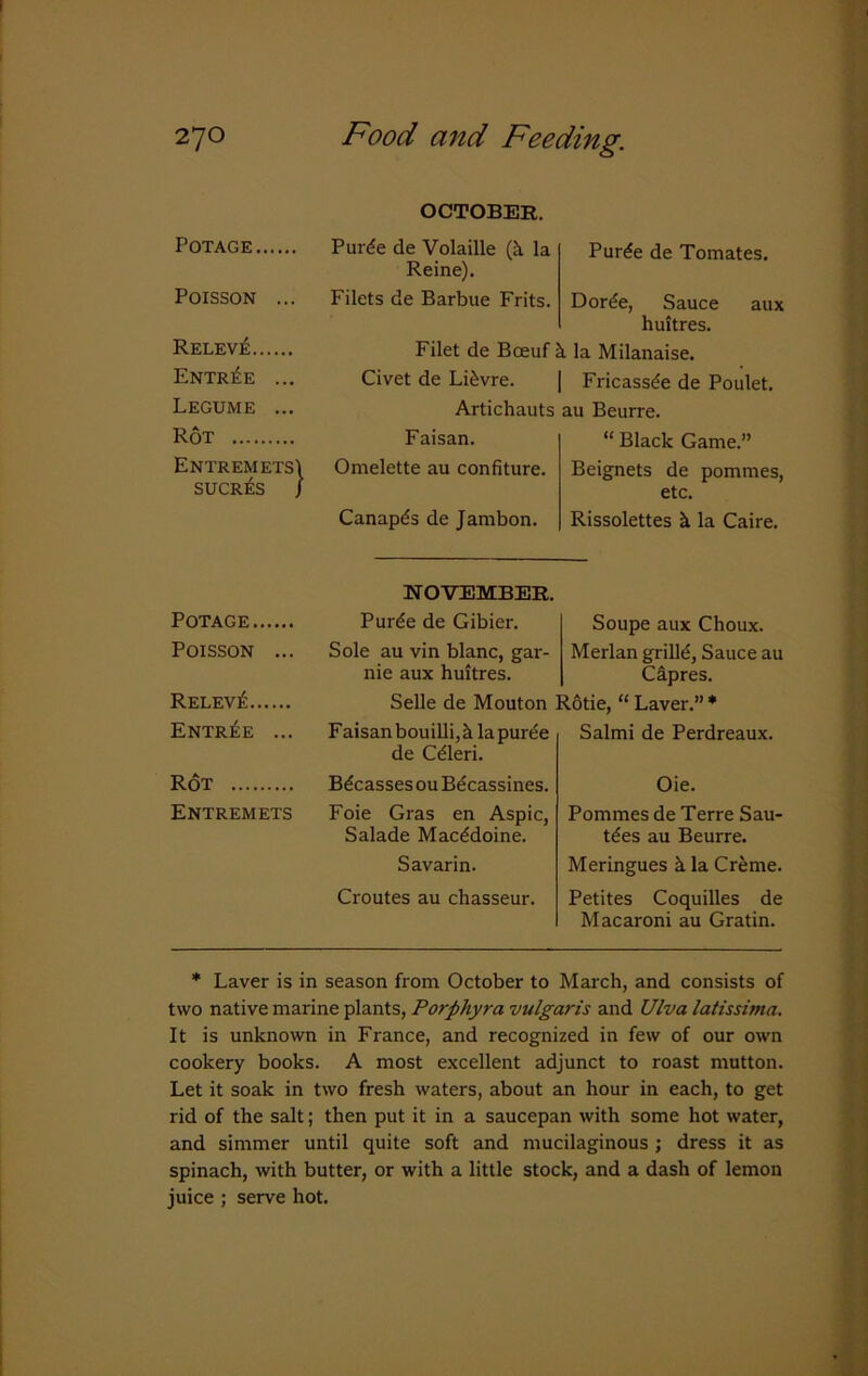 270 Food and Feeding. POTAGE Poisson ... Relev£ Entree ... Legume ... Rot Entremets'! sucres / OCTOBER. Pur£e de Volaille (2i la Reine). Filets de Barbue Frits. Purde de Tomates. Dorde, Sauce aux huitres. Filet de Bceuf k la Milanaise. Civet de Li£vre. | Fricassee de Poulet, Artichauts au Beurre. Faisan. Omelette au confiture. Canapes de Jambon. “ Black Game.” Beignets de pommes, etc. Rissolettes k la Caire. POTAGE Poisson ... Relev£ Entree ... Rot Entremets NOVEMBER. Purde de Gibier. Sole au vin blanc, gar- nie aux huitres. Selle de Mouton Faisan bouilli, h la puree de Cdleri. Bdcasses ou Becassines. Foie Gras en Aspic, Salade Macedoine. Savarin. Croutes au chasseur. Soupe aux Choux. Merlan grille, Sauce au Cypres. Lotie, “ Laver.” * Salmi de Perdreaux. Oie. Pommes de Terre Sau- ces au Beurre. Meringues k la Creme. Petites Coquilles de Macaroni au Gratin. * Laver is in season from October to March, and consists of two native marine plants, Porpliyra vulgaris and Ulva latissima. It is unknown in France, and recognized in few of our own cookery books. A most excellent adjunct to roast mutton. Let it soak in two fresh waters, about an hour in each, to get rid of the salt; then put it in a saucepan with some hot water, and simmer until quite soft and mucilaginous ; dress it as spinach, with butter, or with a little stock, and a dash of lemon juice ; serve hot.