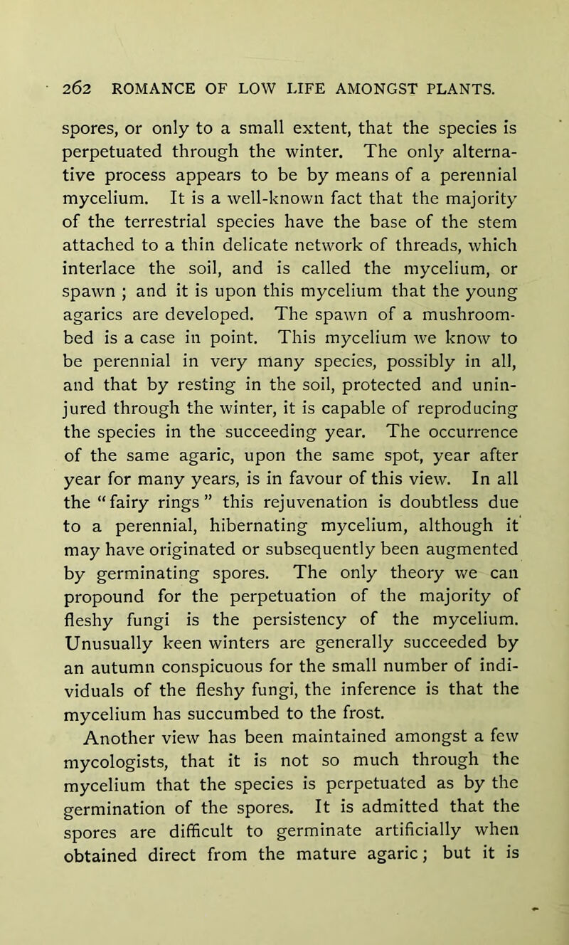 spores, or only to a small extent, that the species is perpetuated through the winter. The only alterna- tive process appears to be by means of a perennial mycelium. It is a well-known fact that the majority of the terrestrial species have the base of the stem attached to a thin delicate network of threads, which interlace the soil, and is called the mycelium, or spawn ; and it is upon this mycelium that the young agarics are developed. The spawn of a mushroom- bed is a case in point. This mycelium we know to be perennial in very many species, possibly in all, and that by resting in the soil, protected and unin- jured through the winter, it is capable of reproducing the species in the succeeding year. The occurrence of the same agaric, upon the same spot, year after year for many years, is in favour of this view. In all the “fairy rings” this rejuvenation is doubtless due to a perennial, hibernating mycelium, although it may have originated or subsequently been augmented by germinating spores. The only theory we can propound for the perpetuation of the majority of fleshy fungi is the persistency of the mycelium. Unusually keen winters are generally succeeded by an autumn conspicuous for the small number of indi- viduals of the fleshy fungi, the inference is that the mycelium has succumbed to the frost. Another view has been maintained amongst a few mycologists, that it is not so much through the mycelium that the species is perpetuated as by the germination of the spores. It is admitted that the spores are difficult to germinate artificially when obtained direct from the mature agaric; but it is