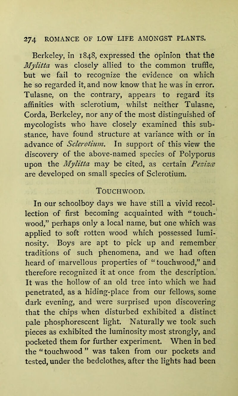 Berkeley, in 1848, expressed the opinion that the Mylitta was closely allied to the common truffle, but we fail to recognize the evidence on which he so regarded it, and now know that he was in error. Tulasne, on the contrary, appears to regard its affinities with sclerotium, whilst neither Tulasne, Corda, Berkeley, nor any of the most distinguished of mycologists who have closely examined this sub- stance, have found structure at variance with or in advance of Sclerotium. In support of this view the discovery of the above-named species of Polyporus upon the Mylitta may be cited, as certain Pezizce are developed on small species of Sclerotium. Touchwood. In our schoolboy days we have still a vivid recol- lection of first becoming acquainted with “touch- wood,” perhaps only a local name, but one which was applied to soft rotten wood which possessed lumi- nosity. Boys are apt to pick up and remember traditions of such phenomena, and we had often heard of marvellous properties of “touchwood,” and therefore recognized it at once from the description.' It was the hollow of an old tree into which we had penetrated, as a hiding-place from our fellows, some dark evening, and were surprised upon discovering that the chips when disturbed exhibited a distinct pale phosphorescent light. Naturally we took such pieces as exhibited the luminosity most strongly, and pocketed them for further experiment. When in bed the “ touchwood ” was taken from our pockets and tested, under the bedclothes, after the lights had been