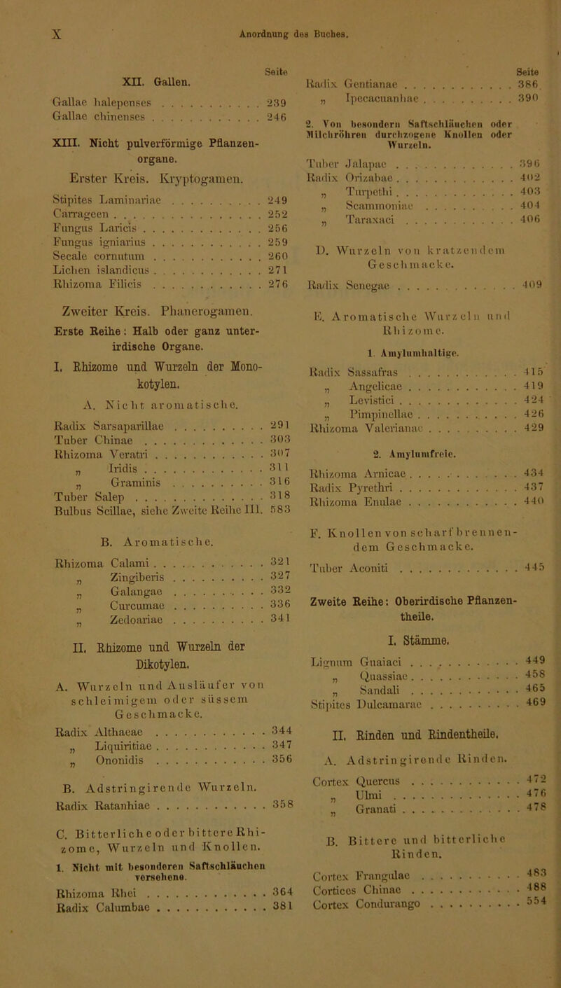 Seite XH. Gallen. Gallae lialepenses 239 Gallac chinenses 246 XIII. Nicht pulverförmige Pflanzen- organe. Erster Kreis. Kryptogamen. Stipites Laminariac 249 Carrageen 252 Fungus Laricis 256 Fungus igniarius 259 Secale cornutum 260 Lichen islandicus 271 Rliizoma Filicis 276 Zweiter Kreis. Phanerogamen. Erste Reihe: Halb oder ganz unter- irdische Organe. I. Rhizome und Wurzeln der Mono- kotylen, A. Nicht aromatische. Radix Sarsaparillae 291 Tuber Chinae 303 Rhizoma Veratri 307 „ Iridis 311 „ Graminis 316 Tuber Salep 318 Bulbus Scillae, siehe Zweite Reihe III. 583 B. Aromatische. Rhizoma Calami 321 „ Zingiberis 327 „ Galangae 332 „ Curcumae 336 „ Zedoariae 341 II. Rhizome und Wurzeln der Dikotylen. A. Wurzeln und Ausläufer von schleimigem oder süssem Geschmacke. Radix Althaeae 344 „ Liquiritiae 347 „ Ononidis 356 B. Adstringirende Wurzeln. Radix Ratanhiae 358 C. Bitterliche oder bittere Rhi- zome, Wurzeln und Knollen. t. Nicht mit besonderen Sufi schlauchen verschone. Rhizoma Rhei 364 Radix Calumbae 381 Seite Radix Gentianac 386. „ Ipecacuanhae ... 390 2. Von besonder!! Saftschläuchen oder Milchröhren durchzogene Knollen oder Wurzeln. Tuber Jalapae 396 Radix Orizabae 402 „ Tnrpcthi 403 „ Scammoniae . . 404 „ Taraxaci 406 D. Wurzeln von kratzendem Geschmacke. Radix Senegae 409 E. Aromatische Wurzeln und Rhizome. 1. Amylumlialtige. Radix Sassafras 415 „ Angelicao 419 „ Levistici 424 „ Pimpinellae 426 Rhizoma Valerianae 429 2. Amylumfrcio. Rhizoma Arnicae 434 Radix Pyrethri 437 Rhizoma Entdae 440 F. Knollen von scharf brennen- dem Geschmacke. Tuber Aconiti 445 Zweite Reihe: Oberirdische Pflanzen- theile. I. Stämme, Lignum Guaiaci „ Quassiae „ Sandali . . . . . Stipites Dulcamarae . . . 449 458 465 469 II. Rinden und Rindentheile. A. Adstringirende Rinden. Cortex Quercus „ Ulmi „ Granati 472 476 478 B. Bittere und bitterliche Rinden. Cortex Frangiilac Cortices Chinae . Cortex Condurango 483 488 554