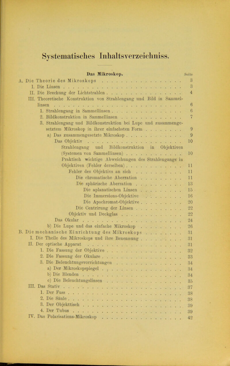 Systematisches Iiilialtsverzeicliniss. Das Mikroskop. Seite A. Die Theorie des Mikroskops 3 I. Die Linsen 3 II. Die Brechung der Lichtstrahlen 4 III. Theoretische Konstruktion von Strahlengang und Bild in Sammel- linsen 6 1. Strahlengang in Sammellinsen 6 2. Bildkonstruktion in Sammellinsen 7 3. Strahlengang und Bildkonstruktion bei Lupe und zusammenge- setztem Mikroskop in ihrer einfachsten Form 9 a) Das zusammengesetzte Mikroskop 9 Das Objektiv 10 Strahlengang und Bildkonstniktion in Objektiven (Systemen von Sammellinsen) 10 Praktisch wichtige Abweichungen des Strahlengangs in Objektiven (Fehler derselben) 11 Fehler des Objektivs an sich 11 Die chromatische Aberration 11 Die sphärische Abeivation 13 Die aplanatischen Linsen 15 Die Immersions-Objektive 16 Die Apochromat-Objektive 20 Die Centrirung der Linsen 22 Objektiv und Deckglas 22 Das Okular 24 b) Die Lupe und das einfache Mikroskop 26 B. Die mechanische Einrichtung des Mikroskops 31 I. Die Theile des Mikroskops und ihre Benennung 31 II. Der optische Apparat 31 1. Die Fassung der Objektive 32 2. Die Fassung der Okulare 33 3. Die Beleuchtungsvorrichtungen 34 a) Der Mikroskopspiegel . 34 b) Die Blenden 34 c) Die Beleuchtungslinsen 35 III. Das Stativ 37 1. Der Fu.ss 38 2. Die Säule 33 3. Der Objekttisch 39 4. Der Tubus 39 IV. Das Polarisations-Mikroskop 42