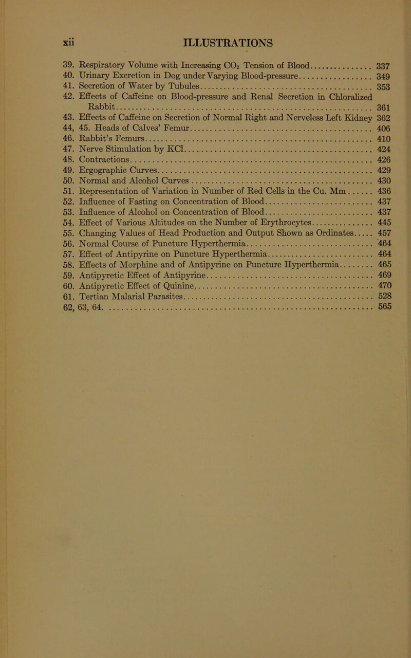 39. Respiratory Volume with Increasing CO2 Tension of Blood 337 40. Urinary Excretion in Dog under Varying Blood-pressure 349 41. Secretion of Water by Tubules 353 42. Effects of Caffeine on Blood-pressiu’e and Renal Secretion in Chloralized Rabbit 361 43. Effects of Caffeine on Secretion of Normal Right and Nerveless Left Kidney 362 44. 45. Heads of Calves’ Femur 406 46. Rabbit’s Femurs 410 47. Nerve Stimulation by KCl 424 48. Contractions 426 49. Ergographic Curves 429 50. Normal and Alcohol Curves 430 51. Representation of Variation in Number of Red Cells in the Cu. Mm 436 52. Influence of Fasting on Concentration of Blood 437 53. Influence of Alcohol on Concentration of Blood 437 54. Effect of Various Altitudes on the Number of Erythrocytes 445 55. Changing Values of Head Production and Output Shown as Ordinates 457 56. Normal Course of Puncture Hyperthermia 464 57. Effect of Antipyrine on Puncture Hyperthermia 464 58. Effects of Morphine and of Antipyrine on Pimcture Hyperthermia 465 59. Antipyretic Effect of Antipyrine 469 60. Antipyretic Effect of Quinine 470 61. Tertian Malarial Parasites 528 62. 63, 64 565