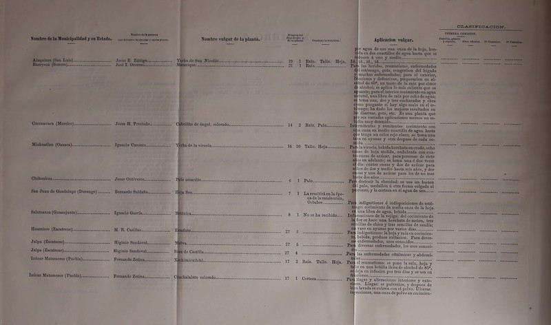 Alaquines (San Luis) Baroycca (Sonora).... Cucrnavaea (Morolos) Jesús H. Preciado Cabellito de ángel, colorado. Jesús E. Zúñiga Yorba de San Nicolás. José I. Orozco/. Matarique Miahuatlan (Oaxuca). Ignacio Canseco. Yorba de la viruela.. Chihuahua Jesús Ontiveros Palo amarillo. San Juan do Guadalupe (Durnngo) Bernardo Saldaña Hoja Sen . ' Salamanca (Guanajuato) Ignacio Garda Betónica Huamisco (Zacatecas) Jalpa (Zacatecas) Jalpa (Zacatecas) Izúcar Matamoros (Puebla). ladear Matamoros (Puebla).. M. R. Casillas Eítafiate Higinio Sandoval Malva Higinio Sandoval R^a de Castilla Fernando Zetina Xjichiraicuilchí Fernando Zetina Cuaelialalate colorado.., Fernando Zetina. CLASIPICACIOIT. do la planta. Contieno la remisión.' 19 1 Raíz. Tallo. Hoja 21 1 Raíz 14 2 Raíz. Palo.., 16 10 Tallo. Hoja.. G 1 Palo 7 1 La remitirá en la épo- ca de la recolección. Octubre ‘ 8 1 No se ha recibido 27 3 27 6 27 4 17 2 Raíz. Tallo. Hoja. p >r agua de uso una onza de la hoja, her- v da en dos cuartillos de agua hasta que se rtducen á uno y medio Id., id., id., id Pan las heridas, reumatismo, enfermedades dd estómago, gotn, congestión del hígado y muchas enfermedades; para el exterior, fricciones y defensivos, preparación en al- cohol de 60°, un tanto de la raíz por cinco d i alcohol; se aplica lo más caliente que se a¡ ;uante; para el interior cocimiento en agua n itural, una libra de raíz por ocho de agua; sa toma una, dos y tres cucharadas y obra, c< mo purgante si hay algo malo en el es- to mago; ha dado los mejores resultados en las diarreas, gota, etc. Es una planta que p T sus variadas aplicaciones merece un es- to dio muy detenido Int-rmitentes y remitentes: cocimiento con u ia onza en medio cuartillo de agua hasta que tenga un color rojo claro; se toma una taha en ayunas y otra después de cada co- rrjida Par i la viruela, bebida horchata en crudo, ocho onj/.as de hoja molida, endulzada con cua- tro onzas de azúcar, para personas de siete años en adelante; se toma una ó dos veces a dia: cuatro onzas y dos de azúcar para n ños de dos y medio hasta seis años, y dos O] zas y una de azúcar para los de un mes h ista dos años Par i destruir la obesidad: se usa un bastón d 1 palo, medallón ú otra forma colgado al pdscuezo, y la corteza en el agua de uso y capeóle, Nbre. técnico. 2» Comisión. Infl la> Par to 17 1 Corteza. Par£ indigestiones 6 indisposiciones de estó- go: cocimiento de media onza de la hoja una libra de agua, bebida imaeiones de la vejiga: del cocimiento de flor se hace una horchata de melón, tres se nillas de chico y tres semillas de sandía; vaso en ayunas por varios dias indigestiones: la hoja y raíz en cocimien- bebida, produce irritación. Para diuer- enfermedades, usos conocidos Pará diversas enfermedades, los usos conoci- das Part las enfermedades oftálmicas y abdomi- ni les Pan el reumatismo: se pone la raíz, hoja y * lo en una botella llena de alcohol de 85°, deja en infusión por tres dias y se usa en cciones Pa^i llagas y alteraciones interiores y exte- rij res. Llagas: se pulveriza, y después de bi :n layada se cubren con el polvo. Ulceras: in secciones, una onza de polvo en cocimien-