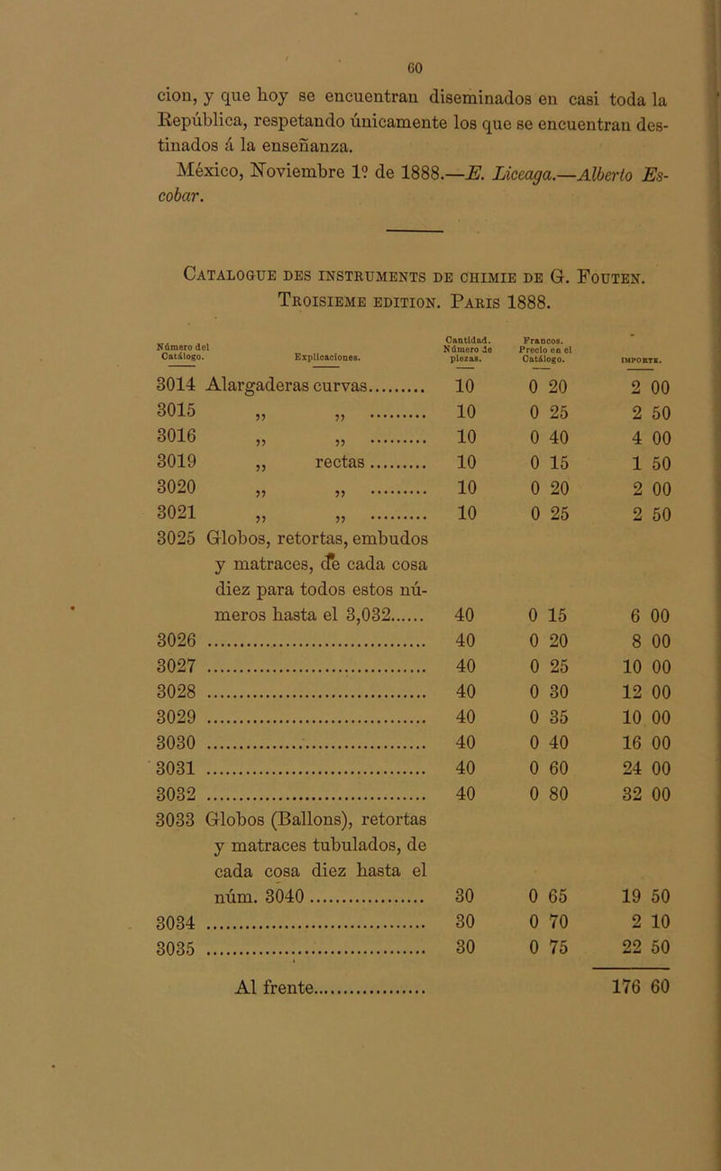 cion, y que hoy se encuentran diseminados en casi toda la República, respetando únicamente los que se encuentran des- tinados á la enseñanza. México, Noviembre 1? de 1888.—E. Liceaga.—Alberto Es- cobar. Catalogue des Instruments de chimie de G. Fouten. Troisieme edition. París 1888. Número del Cantidad. Número de Francos. Catálogo . Explicaciones. piezas. Catálogo. IMPOBTB. 3014 Alargaderas curvas 10 0 20 2 00 3015 ?? 10 0 25 2 50 3016 ?? >> 10 0 40 4 00 3019 5? rectas 10 0 15 1 50 3020 ?? 10 0 20 2 00 3021 3025 ?? ?? Globos, retortas, embudos 10 0 25 2 50 y matraces, efe cada cosa diez para todos estos nú- meros hasta el 3,032 40 0 15 6 00 3026 40 0 20 8 00 3027 40 0 25 10 00 3028 40 0 30 12 00 3029 40 0 35 10 00 3030 40 0 40 16 00 3031 40 0 60 24 00 3032 40 0 80 32 00 3033 Globos (Ballons), retortas y matraces tubulados, de cada cosa diez hasta el núm. 3040 30 0 65 19 50 3034 30 0 70 2 10 3035 30 0 75 22 50