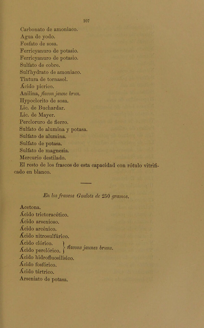 Carbonato ele amoniaco. Agua de yodo. Fosfato de sosa. Ferricyanuro de potasio. Ferricyanuro de potasio. Sulfato de cobre. Sulfhydrato de amoniaco. Tintura de tornasol. Ácido pícrico. Anilina, flacón jaune brun. Hypoclorito de sosa. Lie. de Buchardar. Lie. de Mayer. Percloruro de fierro. Sulfato de alumina y potasa. Sulfato de alumina. Sulfato de potasa. Sulfato de magnesia. Mercurio destilado. El resto de los frascos de esta capacidad con rótulo vitrifi- cado en blanco. En los frascos Goulots de 250 gramos. Acetona. Ácido trictoracético. Ácido arsenioso. Ácido arcénico. Ácido nitrosulfúrico. Ácido dórico. Ácido perclórico. Ácido hidrofluosilísico. Ácido fosfórico. Ácido tártrico.