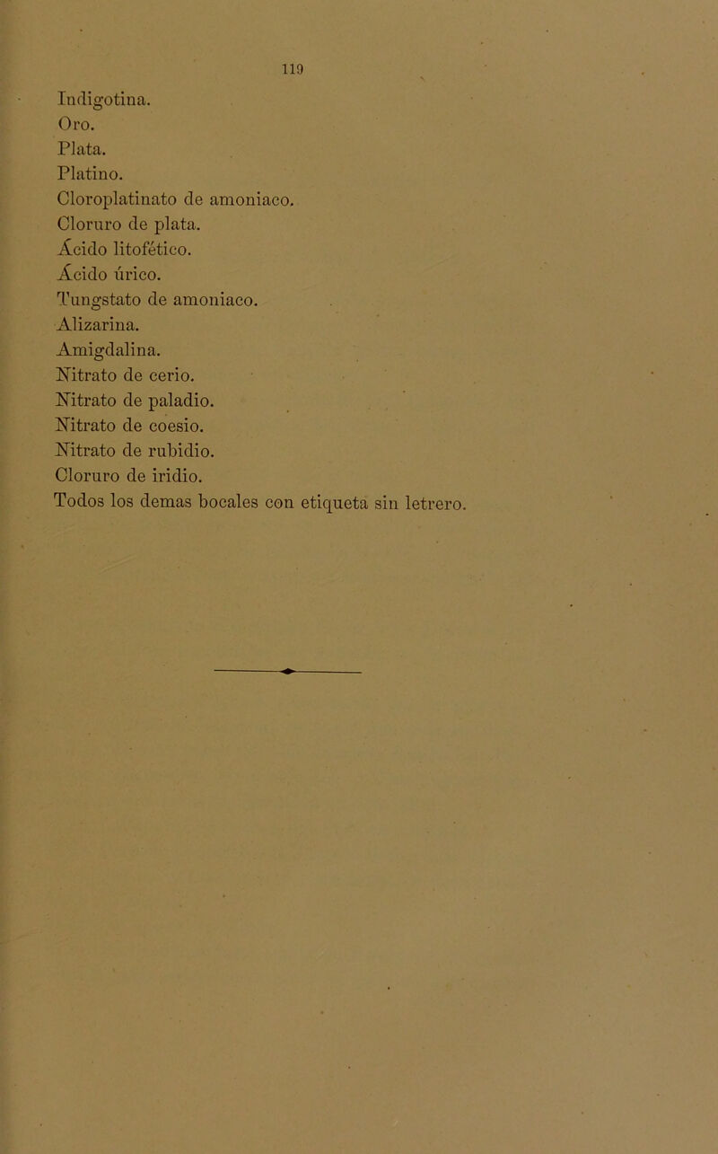 110 Inrligotina. Oro. Plata. Platino. Cloroplatinato ele amoniaco. Cloruro ele plata. Ácido litofético. Ácido úrico. Tungstato ele amoniaco. Alizarina. Amigdalina. Nitrato de cerio. Nitrato de paladio. Nitrato de coesio. Nitrato de rubidio. Cloruro de iridio. Todos los demas bocales con etiqueta sin letrero.