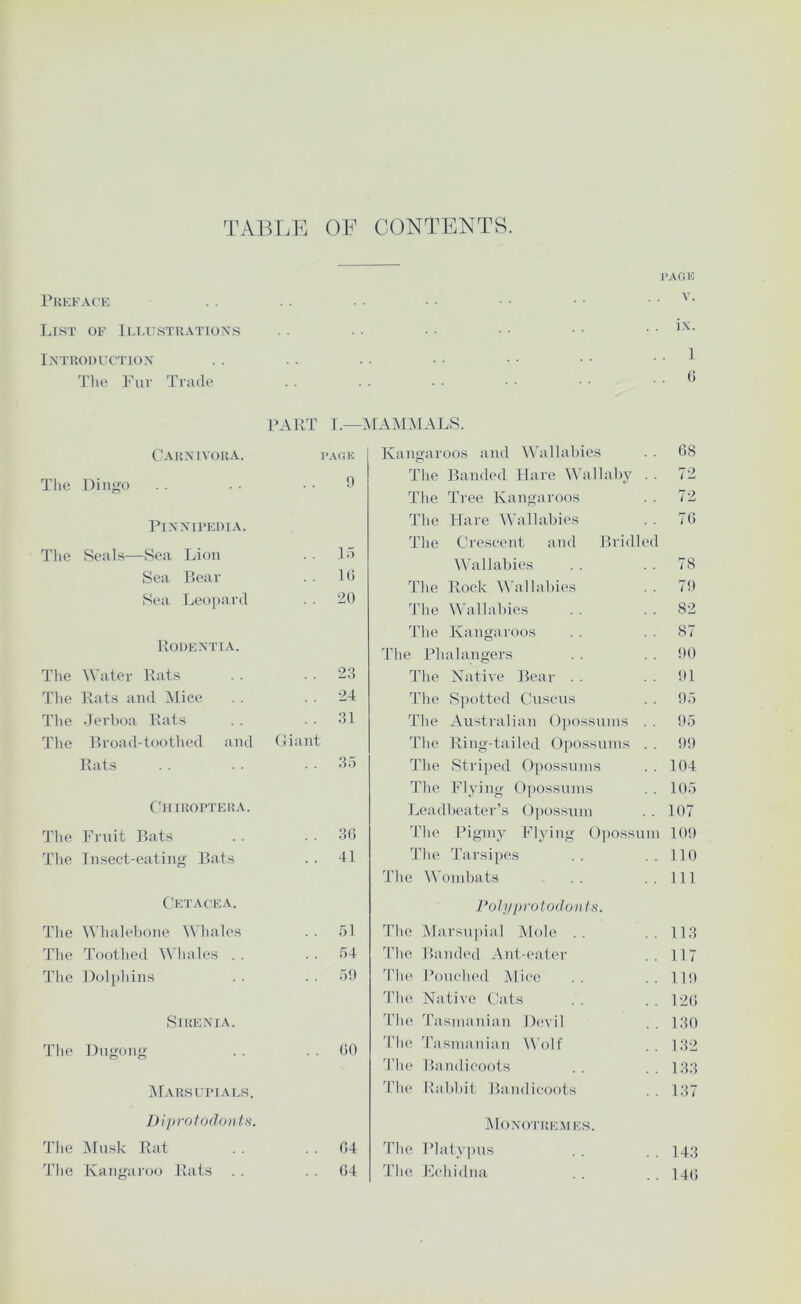 TAIU.E OF CONTENTS. PUEFAC'E List of Tli.ustuations IXTRODUCTION The Fur Trade FART T.—:\rA:\LMALS. Carnivora. I’AfiE Kangaroos and Wallabies 08 The Dingo 0 The Banded Hare ^^allaby . . 72 The Tree Kangaroos 72 PlNNIREDIA. The Hare Wallabies 7() The Crescent and Bridled The Seals—Sea Lion L) ^^’allabies 78 Soil . . lb The Rock Wallabies 70 Sea Leojiard . . 20 The ^\'allabies 82 The Kangaroos 87 UODENTIA. The Phalangers 00 The Water Rats . . 23 The Native Bear . . 01 The Rats and ]\Iice 24 The S])otted Cnsens 0.5 The .Terboa Rats . . 31 The Australian Opossums . . 05 The Rroad-toothed and Ciant The Ring-tailed Opossums . . 00 Rats . . 35 The Striped Opossums 104 The Flying Opossums 105 CniROTTERA. Leadbeater’s Ojiossum 107 The Fruit P>ats . . 3 b The Pigmy Flying Opossum 100 The Tiiseet-eating Rats . . 41 Th(> Tarsipes 110 The Wombats 111 Cetacea. J*oliiproto(Jv)ils. Tlie Whalebone ^\■hales . . .51 The IMarsupial ]\Iole . . 113 Tlie Toothed Whales . . . . .54 The Ihinded Ant-eater 117 The I)()l[)hins . . .50 d'lie Pouched Alice 110 The Native Cats 12() SiRENlA. The 'rasmanian Dcuil 130 Tlie Dng'ong bO d’he 'rasmanian t\'olf 132 'Pile Handicoots 133 ]\rAR.SUl’IAI,S. 'I’lie Rabbit Bandicoots . . 137 Diproiodonls. AIonotremes. Tlie jNtnsk Rat . . 04 'I’lie Platy|)iis 143 The Kangaroo Rats . . 04 'The Fchidna 140 ]-AGE V. ix. 1 (j