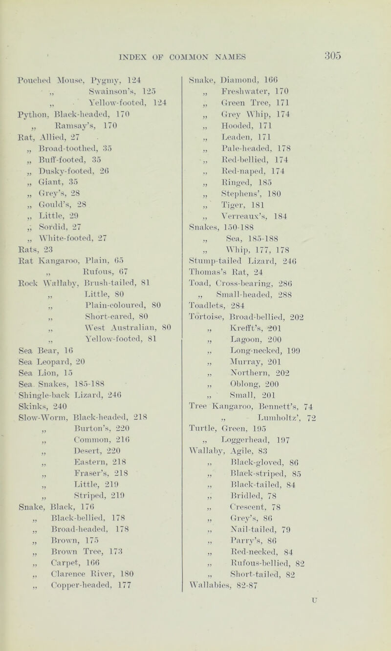I’ouelu'd Mouse, 1‘yginy, 124 ,, Swaiiison’s, 125 „ Vellow-footod, 124 Pytliou, Blackdioaded, 170 „ Raiusay’s, 170 Rat, Allied, 27 „ Broad-toothed, do „ ButT-footed, do „ Dusky-footed, 20 „ Giaut, do „ Grey’s, 28 „ Gould’s, 28 „ Little, 2!) „ Sordid, 27 „ White-footed, 27 Rats, 2d Rat Kangaroo, Blaiu, Oo „ Rufous, 07 Rock Wallahy, Brush-tailed, 81 ,, Little, 80 „ Plain-coloured, 80 „ Short-eared, 80 ,, West Australian, 80 ,, 5'ello\v-footod, 81 Sea Bear, 10 Sea Leopard, 20 Sea Lion, lo Sea Snakes, 185-188 Shingle-hack Lizard, 240 Skinks, 240 Slow-lVorui, Black-headed, 218 „ Burton’s, 220 ,, Conunon, 210 „ Desert, 220 „ Eastern, 218 Fraser’s, 218 Little, 210 „ Stri])ed, 210 Snake, Black, 170 „ Black-bellied, 178 „ Broad-lieaded, 178 „ Brown, 175 „ Brown Tree, 17d „ Cai’])et, 100 ,, Clarence River, 180 „ Copper-headed, 177 Snake, Diauiond, 100 „ Fresli water, 170 „ Green Tree, 171 „ Grey Whip, 174 „ Hooded, 171 ,, Leaden, 171 „ Pale-headed, 178 ,, Red-hellied, 174 ., Red-uaped, 174 „ Ringed, 185 „ Stephens’, 180 „ Tiger, 181 ,, Verreauv’s, 184 Snakes, 150-188 ,, Sea, 185-188 „ Whip, 177, 178 Stump-tailed Lizard, 240 Thomas’s Rat, 24 Toad, Cross-hearing, 28(i „ Small-headed, 288 Toadlets, 284 'Tortoise, Broad-hellied, 202 „ Kreflft’s, 201 „ Lagoon, 200 ,, Long-necked, 109 „ Alurray, 201 „ Northern, 202 „ Oblong, 200 „ Small, 201 'free Kangaroo, Bennett’s, 74 „ Lumholtz’, 72 'I’urtle, Green, 105 „ Loggerhead, 107 IVallahy, Agile, 8d ,, Black-gloved, 86 ,, Black-striped, 85 „ Black-tailed, 84 ,, Bridled, 78 „ Crescent, 78 ,, Grey’s, 86 ,, Nail-tailed, 70 „ Parry’s, 86 „ Red-necked, 84 ,, Rufous-hellied, 82 „ Short-tailed, 82 Wallabies, 82-87 U