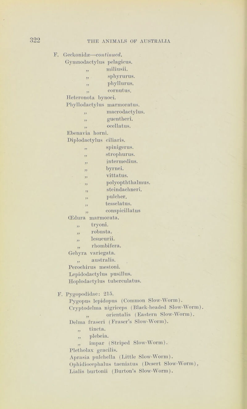 F. Cleckonid;c—co)i i inncd. (Jyimiodactylus pcdagious. „ iiiiliiisii. „ s]diyriirus. „ pliyllurus. ,, cormitus!. 1 leti'roiiota bynooi. I’liyllodactylus iiiariiioialus. „ macrodaclylus. „ guontlieii. ,, ocellatus. Fbt'iiavia borni. J3i pi odacty 1 us c-i 1 i a i'i s. „ spinigcius. „ slropliurus. „ iiitennedius. „ byrnei. ,, vittatus. „ polyopththalmus. „ steindaclmeri. „ pulcber. „ tesselatus. „ coiispicillatus CTldura inavmorata. „ tryoni. „ robusta. „ lesueurii. „ rbombifera. Geliyra variegata. ,, australis. Perochirus mestoni. Lepidodactylus pusillus. Hoplodactylus tuberculatus. F. Pygopodidae: 215. Pygopus lepidopus (Couuuon Slow-^\ orm). Cryptodelma nigriceps (Plack-boaded SlowAAorm). orientalis (Eastern Slow-\\orm). Deliua fraseri (Fraser's SlowAN orin). „ tincta. „ plebeia. ,, iiupar ( Sti'iped Slow-Worm). Pletbolax gracilis. Api’asia pnlcbclla (Little SlowA^orni). Opbidioce])balus taeniatus (Desert Slow-Worin), Lialis burtoiiii (Burton’s Slow-Worm).