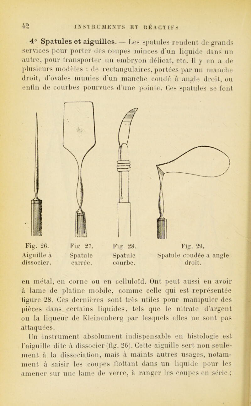 4° Spatules et aiguilles. — Les spatules rendent de grands services pour porter des coupes minces d’un liquide dans un autre, pour transporter un embryon délicat, etc. Il y en a de plusieurs modèles : de rectangulaires, portées par un manche droit, d ovales munies d’un manche coudé à angle droit, ou enlin de courbes pourvues d’une pointe. Ces spatules se font Aiguille à Spatule dissocier. carrée. Fig. 28. Spatule courbe. Fig. 29. Spatule coudée à angle droit. en métal, en corne ou en celluloïd. Ont peut aussi en avoir à lame de platine mobile, comme celle qui est représentée ligure 28. Ces dernières sont très utiles pour manipuler des pièces dans certains liquides, tels que le nitrate d'argent ou la liqueur de Kleinenberg par lesquels elles ne sont pas attaquées. Un instrument absolument indispensable en histologie est l’aiguille dite à dissocier (fig. 26). Cette aiguille sert non seule- ment à la dissociation, mais à maints autres usages, notam- ment à saisir les coupes llottant dans un liquide pour les amener sur une lame de verre, à ranger les coupes en série ;