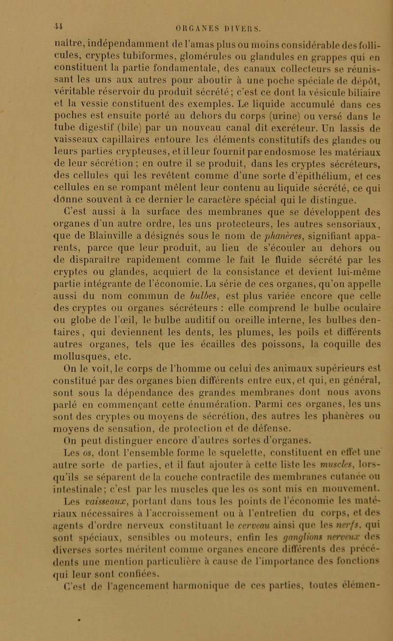 naître, indépendamment de l’amas plus ou moins considérable des folli- cules, cryptes tubiformes, glomérules ou glandules en grappes qui en constituent la partie fondamentale, des canaux collecteurs se réunis- sant les uns aux autres pour aboutir à une poche spéciale de dépôt, véritable réservoir du produit sécrété; c’est ce dont la vésicule biliaire et la vessie constituent des exemples. Le liquide accumulé dans ces poches est ensuite porté au dehors du corps (urine) ou versé dans le tube digestif (bile) par un nouveau canal dit excréteur. Un lassis de vaisseaux capillaires entoure les éléments constitutifs des glandes ou leurs parties crypteuses, et il leur fournit par endosmose les matériaux de leur sécrétion ; en outre il se produit, dans les cryptes sécréteurs, des cellules qui les revêtent comme d’une sorte d’épithélium, et ces cellules en se rompant mêlent leur contenu au liquide sécrété, ce qui donne souvent à ce dernier le caractère spécial qui le distingue. C’est aussi à la surface des membranes que se développent des organes d’un autre ordre, les uns protecteurs, les autres sensoriaux, que de Blainville a désignés sous le nom de phanères, signifiant appa- rents, parce que leur produit, au lieu de s’écouler au dehors ou de disparaître rapidement comme le fait le fluide sécrété par les cryptes ou glandes, acquiert de la consistance et devient lui-même partie intégrante de l’économie. La série de ces organes, qu’on appelle aussi du nom commun de bulbes, est plus variée encore que celle des cryptes ou organes sécréteurs : elle comprend le bulbe oculaire ou globe de l’œil, le bulbe auditif ou oreille interne, les bulbes den- taires, qui deviennent les dents, les plumes, les poils et différents autres organes, tels que les écailles des poissons, la coquille des mollusques, etc. On le voit, le corps de l’homme ou celui des animaux supérieurs est constitué par des organes bien différents entre eux, et qui, en général, sont sous la dépendance des grandes membranes dont nous avons parlé en commençant cette énumération. Parmi ces organes, les uns sont des cryptes ou moyens de sécrétion, des autres les phanères ou moyens de sensation, de protection et de défense. On peut distinguer encore d’autres sortes d’organes. Les os, dont l’ensemble forme le squelette, constituent en effet une autre sorte de parties, et il faut ajouter à celte liste les muscles. lors- qu’ils se séparent de la couche contractile des membranes cutanée ou intestinale; c’est par les muscles que les os sont mis en mouvement. Les vaisseaux, portant dans fous les points de l’économie les maté- riaux nécessaires à l’accroissement ou à l’entretien du corps, et des agents d’ordre nerveux constituant le cerveau ainsi que les nerfs, qui sont spéciaux, sensibles ou moteurs, enfin les ganglions nerveux des diverses sortes méritent comme organes encore différents des précé- dents une mention particulière à cause de l'importance des fonctions qui leur sont confiées. C'est de l’agencement harmonique de ces parties, toutes élémen-